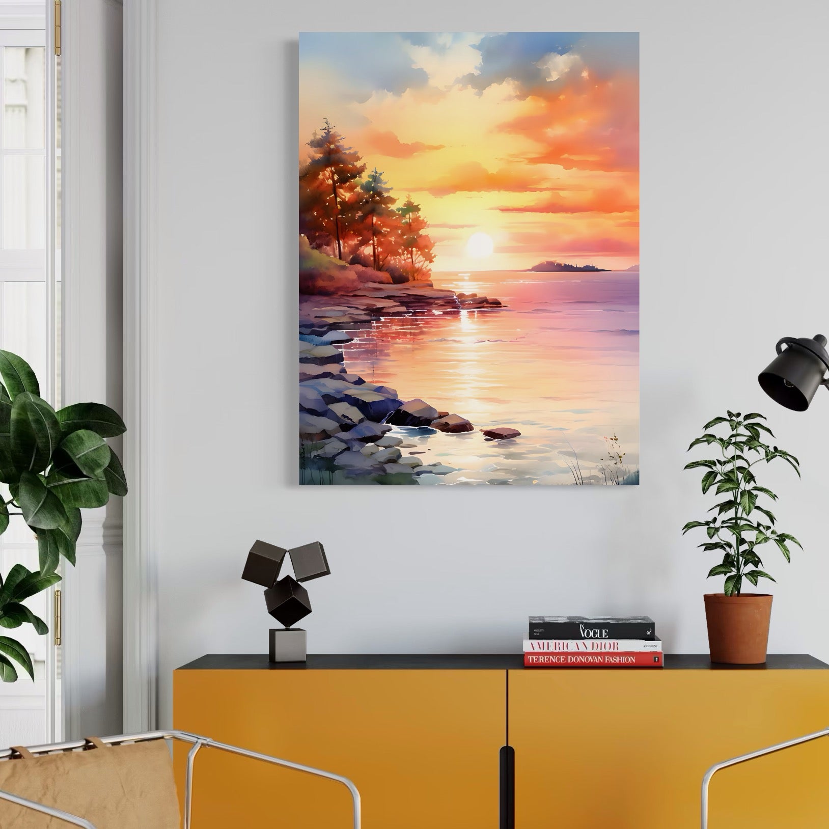 Tablou Canvas Premium LuxCanva® A1480, Picaturi De Apus , Living, Peisaj, Copaci, Stanci, Apa, Room, Culori Vibrante