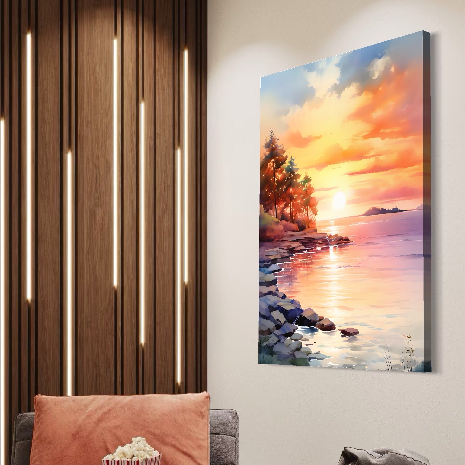 Tablou Canvas Premium LuxCanva® A1480, Picaturi De Apus , Living, Peisaj, Copaci, Stanci, Apa, Room, Culori Vibrante