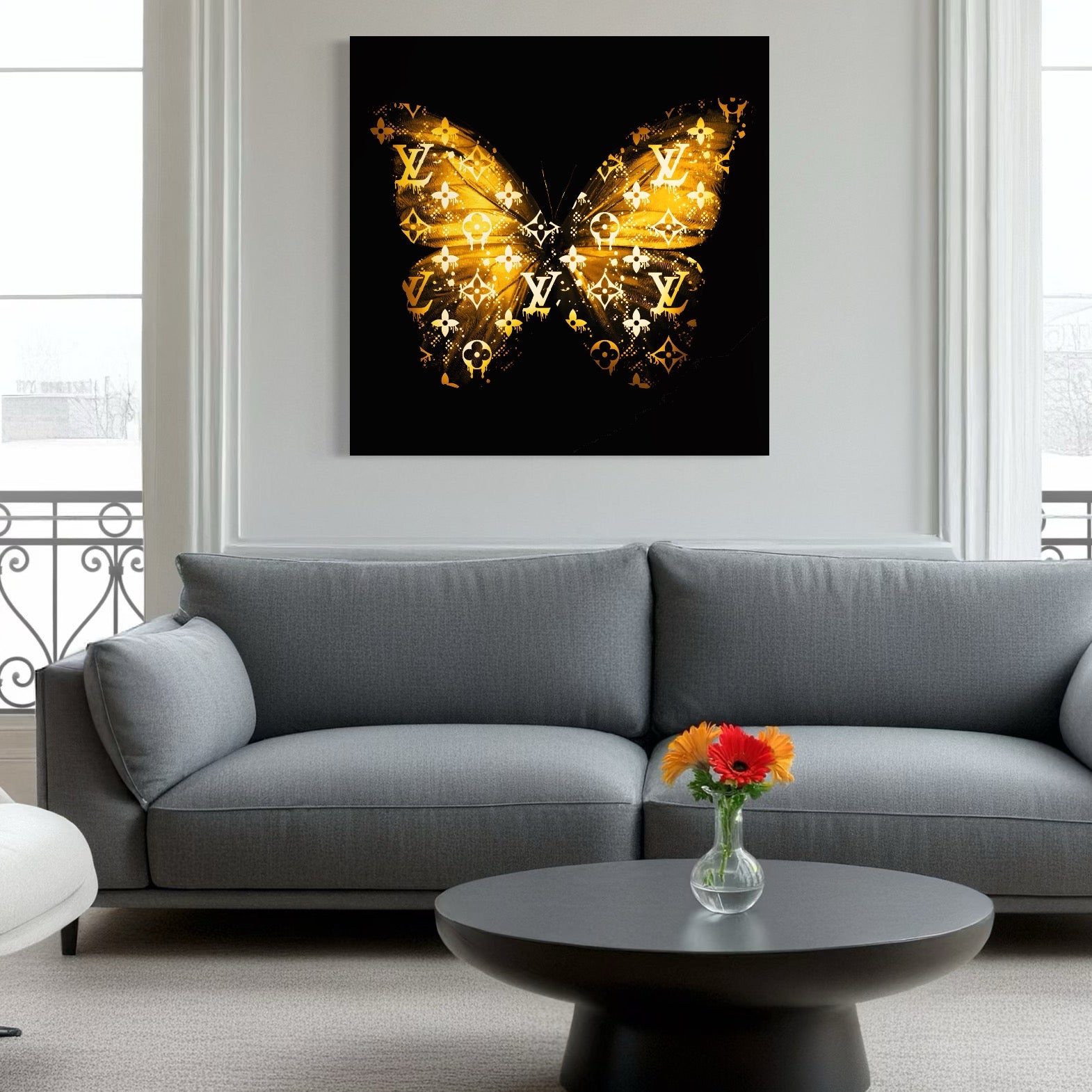 Tablou Canvas Premium, LuxCanva® B1084, Fluturele Louis Vuitton, Living, Casa De Moda, Paris, Birou, Fashion, Luxury, Fluture, Negru Si Auriu