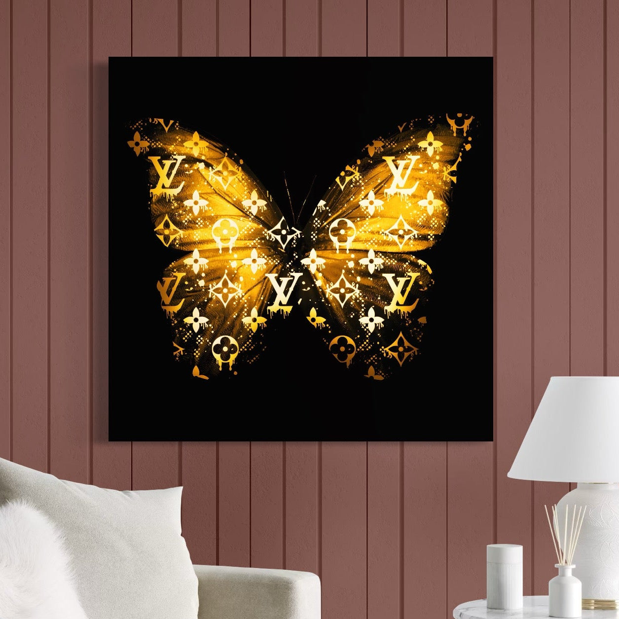 Tablou Canvas Premium, LuxCanva® B1084, Fluturele Louis Vuitton, Living, Casa De Moda, Paris, Birou, Fashion, Luxury, Fluture, Negru Si Auriu