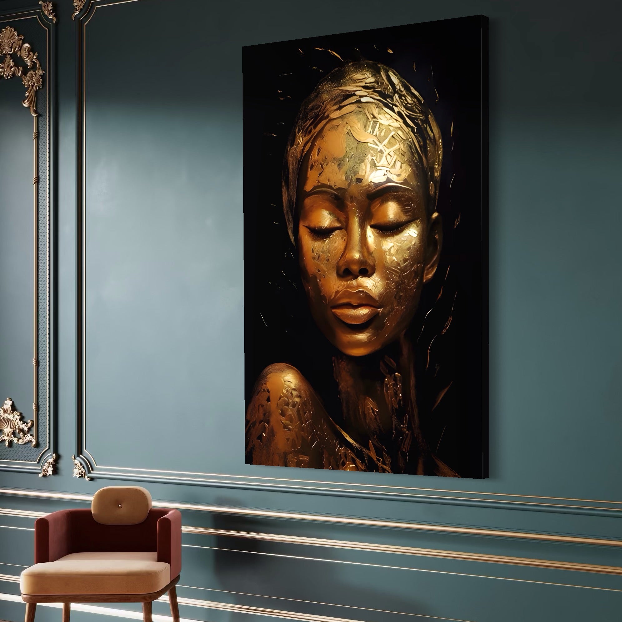 Tablou Canvas Premium LuxCanva® A1485, Lady African ,  Living, Femeie, Aur, Ciocolata, Visator, Dormitor, Culori Vibrante