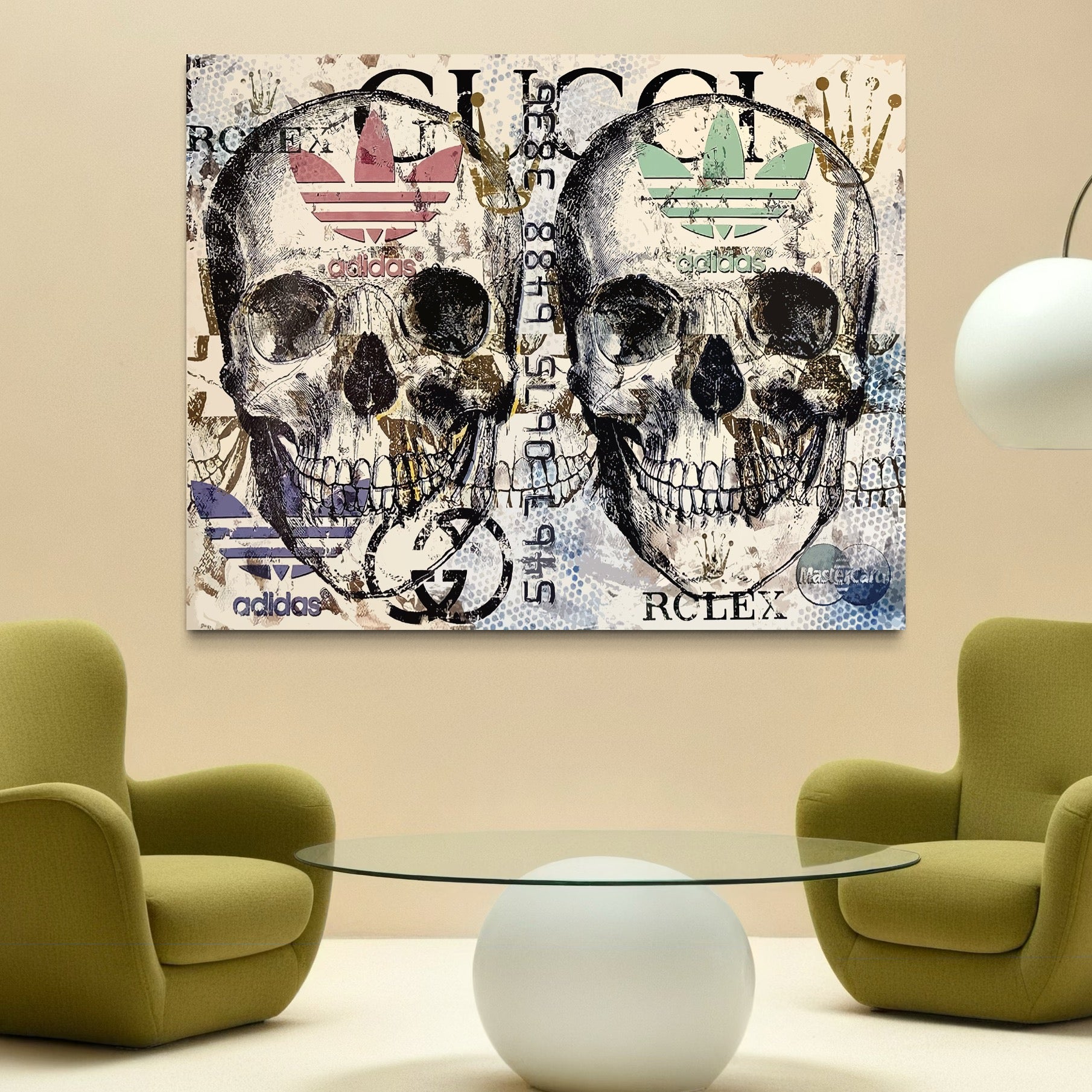 Tablou Canvas Premium, LuxCanva® B1088, Cranii Adidas, Birou, Rolex, Card Bancar, MasterCard, Adidas, Gucci, Culori Vibrante