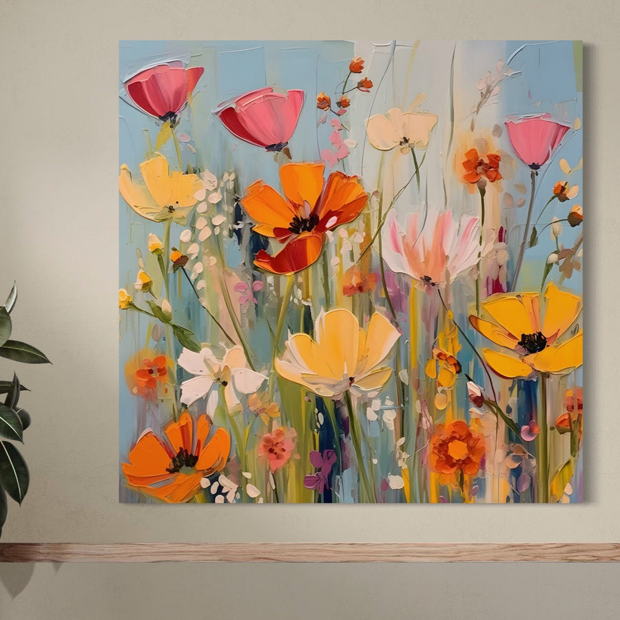 Tablou Canvas Premium LuxCanva® A1486 "Revelatie Florala" prezintă flori sălbatice vibrante pe un fundal albastru deschis, adăugând culoare camerei dvs. de zi sau dormitorului. Bucurați-vă de imprimare de calitate premium pe panza de la LuxCanva® pentru un vibe proaspăt, de primăvară.