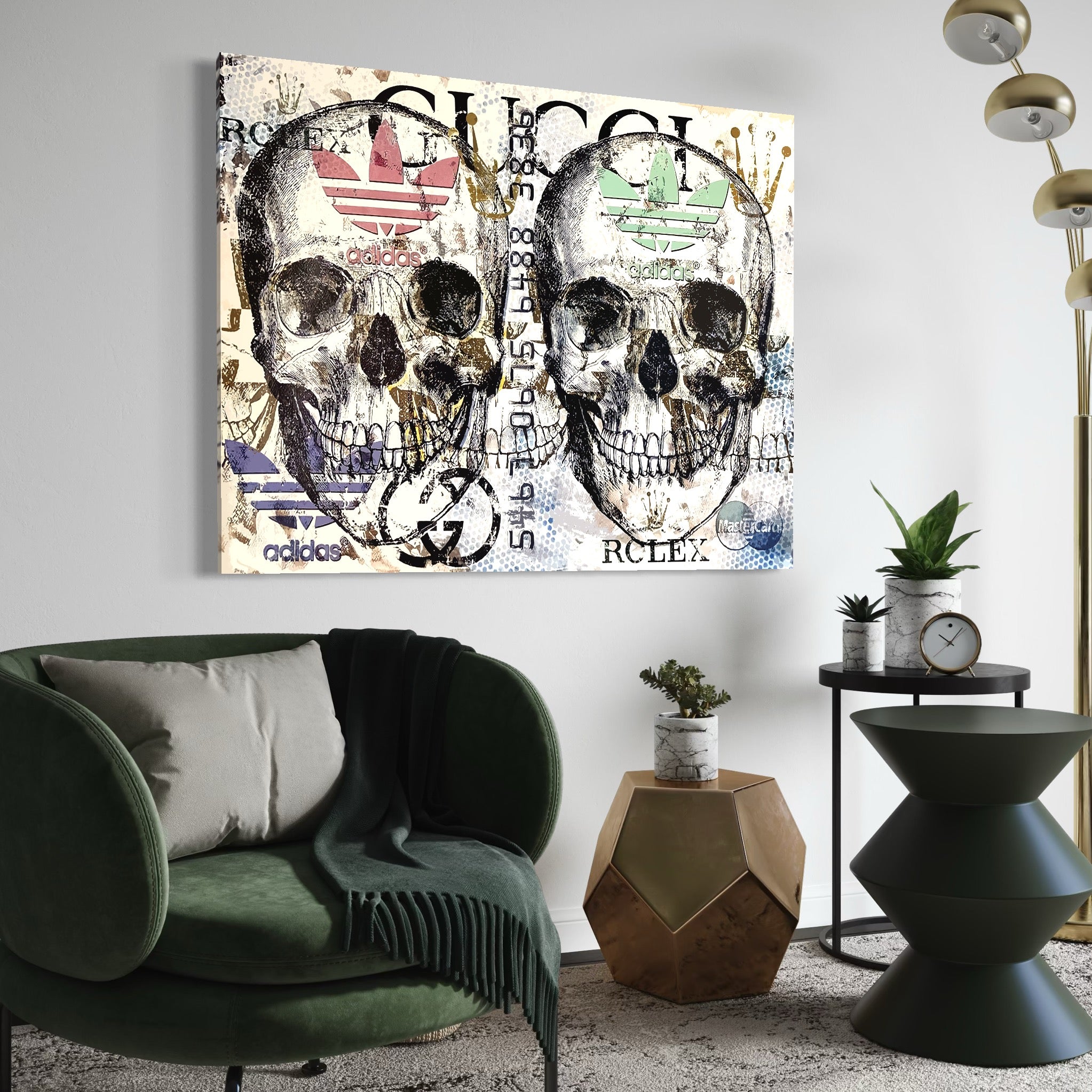 Tablou Canvas Premium, LuxCanva® B1088, Cranii Adidas, Birou, Rolex, Card Bancar, MasterCard, Adidas, Gucci, Culori Vibrante