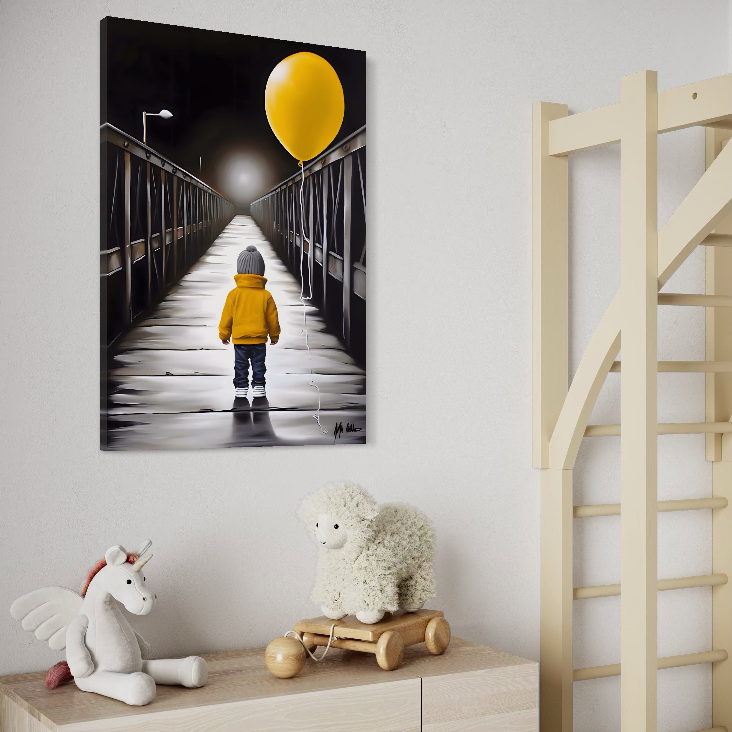 Tablou Canvas Premium LuxCanva® A1487, Single Children , Living, Copil, Balon, Galben, Pod, Dormitor, Culori Vibrante