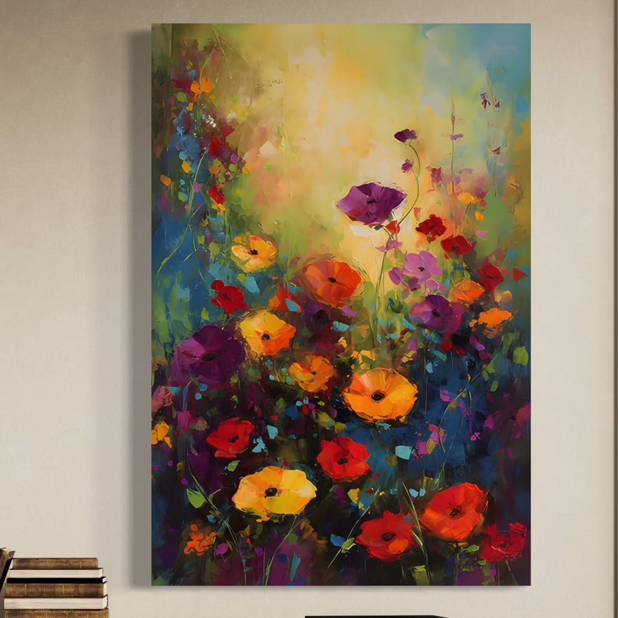 Tablou Canvas Premium LuxCanva® A1488 prezintă forme florale vibrante și culori de primăvară, perfecte pentru a vă înveseli decorul dormitorului sau al camerei de zi cu calitatea premium de la LuxCanva®.