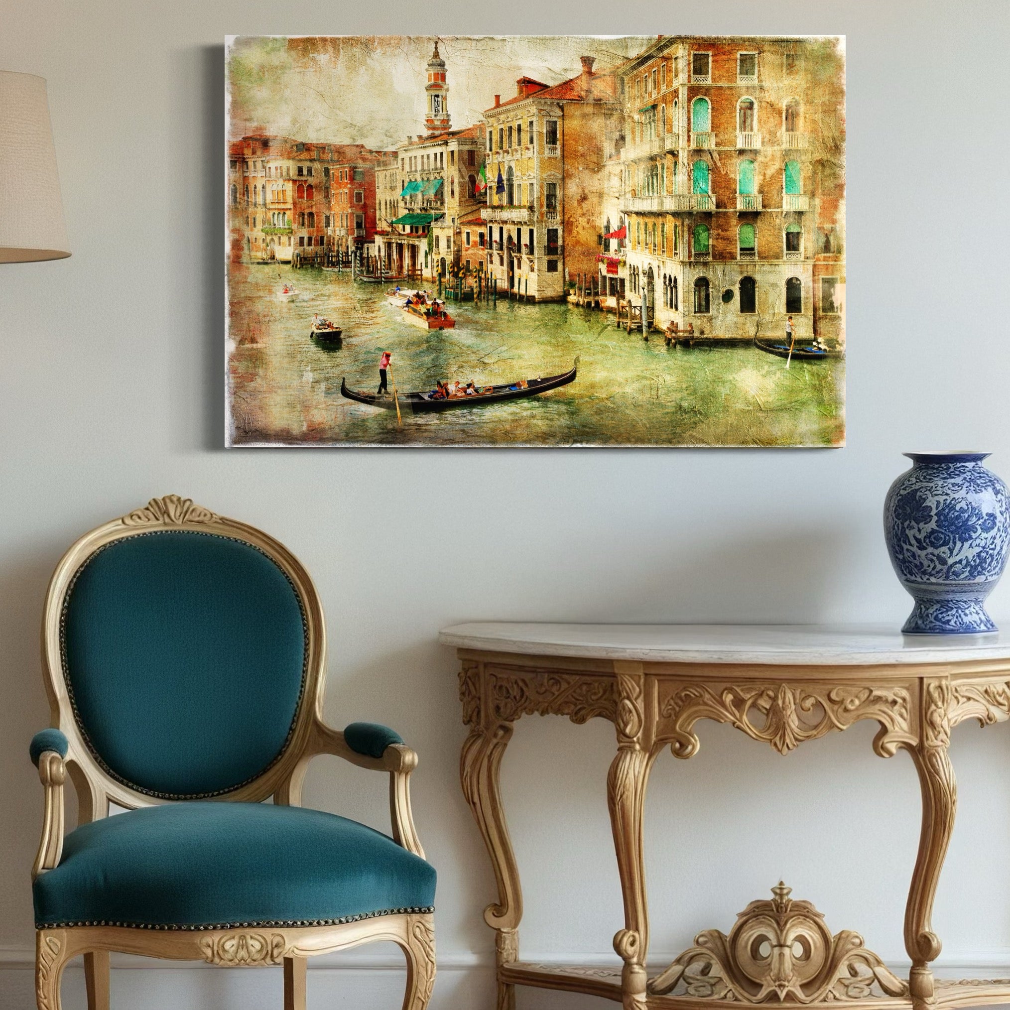 Tablou Canvas Premium LuxCanva® A1070, Plimbare Cu Gondola , Oameni, Canal Grande, Barci, Case, Culori Vibrante