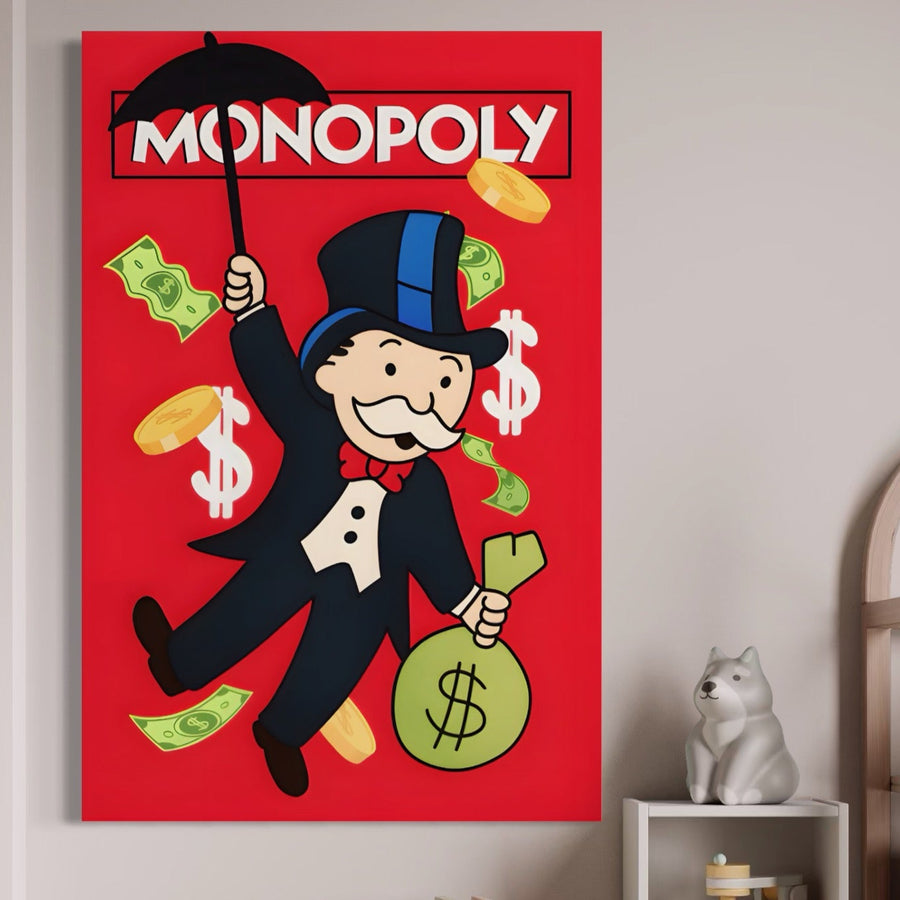 Descoperă Tablou Canvas Premium LuxCanva® A1493: o pânză vibrantă cu tematică Monopoly, care prezintă mascota într-un smoching cu bani, monede și semne de dolar - perfectă pentru a adăuga un stil jucăuș oricărei camere. Brand: LuxCanva®.