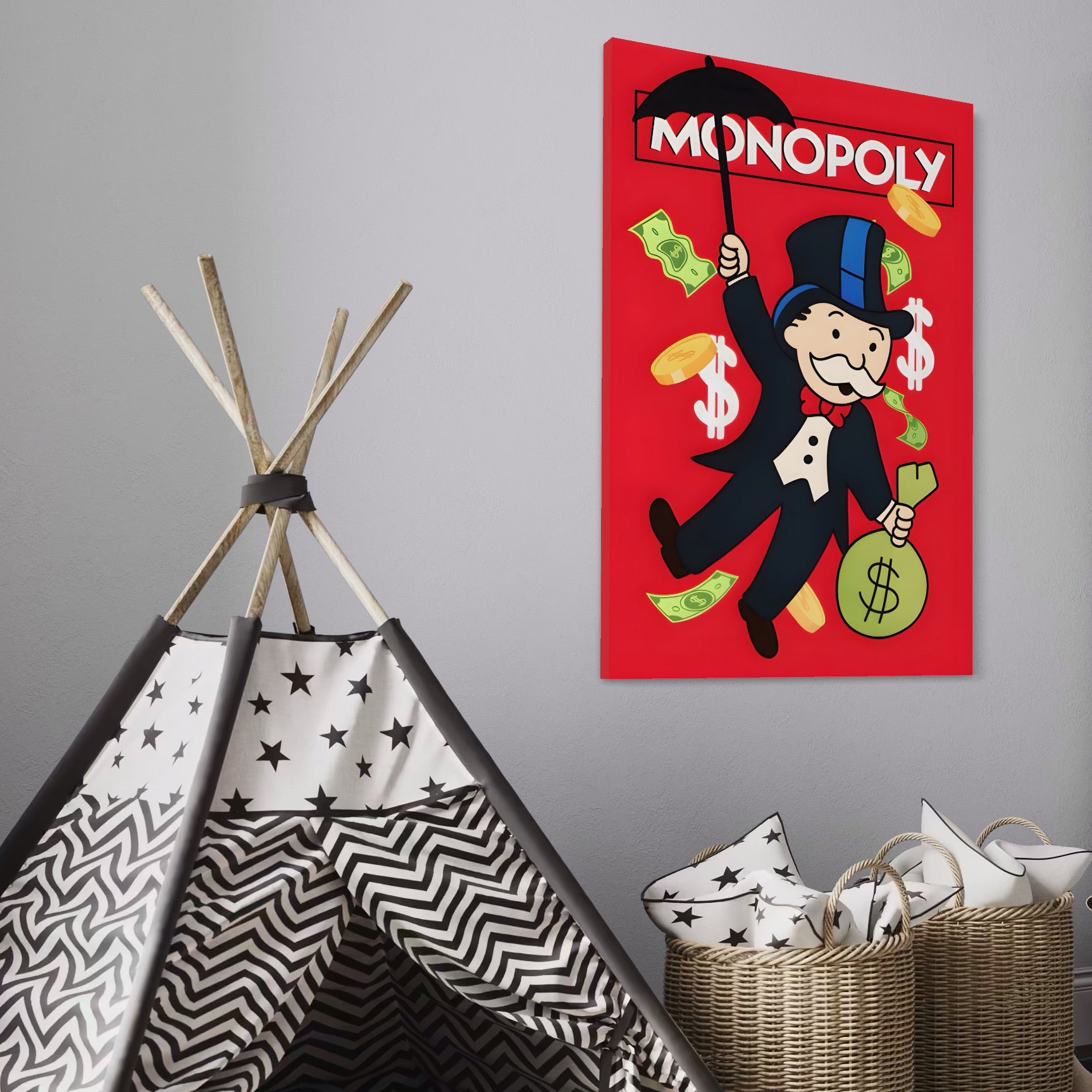 Tablou Canvas Premium LuxCanva® A1493, Monopoly Game , Room, Joc, Dolar, Bani, Cash, Dormitor, Culori Vibrante