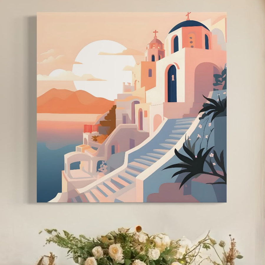 Tabloul Canvas Premium LuxCanva® A1502, cu biserică și oraș la apus în culori vibrante, decor ideal pentru dormitor sau living, adaugă rafinament oricărui spațiu. Brand: LuxCanva®.