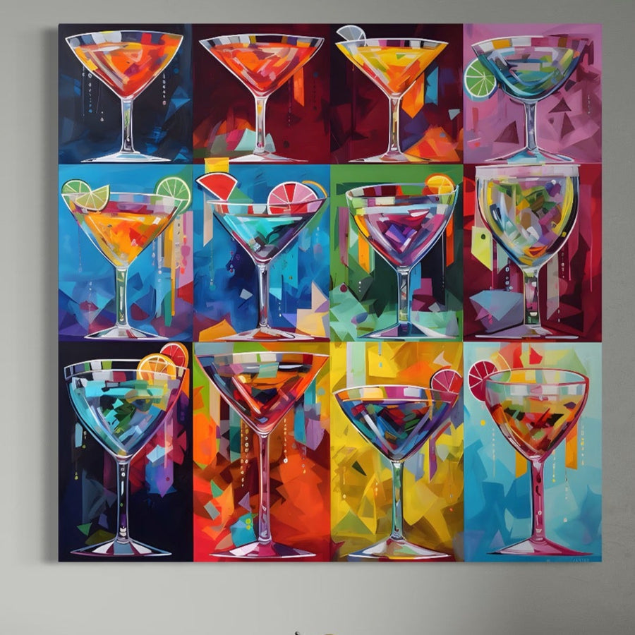 Adăugați un stil vibrant spațiului dvs. cu Tablou Canvas Premium LuxCanva® A1495 - prezentând pahare de cocktail colorate într-o grilă vie. Artă premium perfectă pentru bar, bucătărie sau decor de cameră de la LuxCanva®.