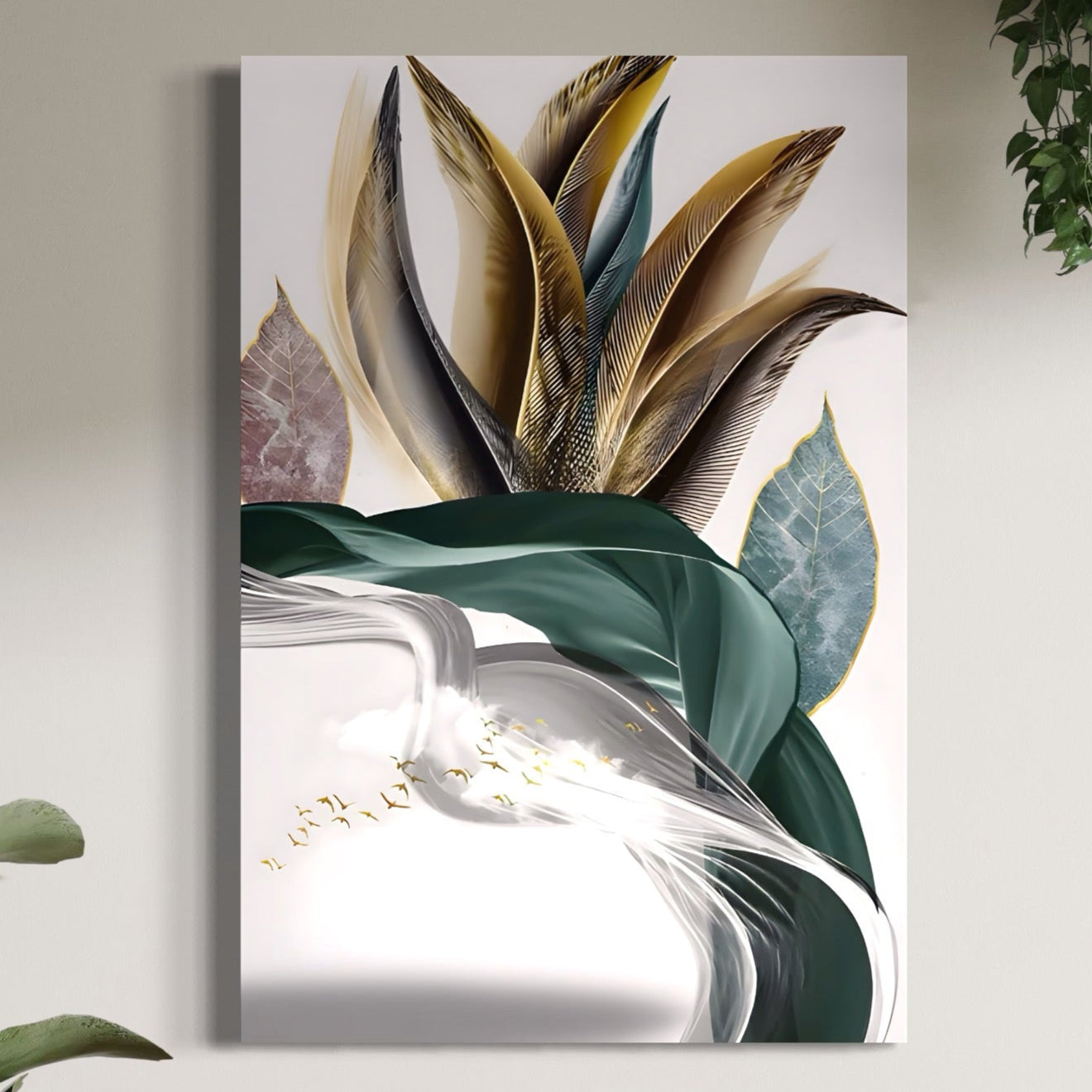 Tablou Canvas Premium LuxCanva® A1500, Green Leaf , Decorativ, Dormitor, Frunza, Pasari, Val, Living, Culori Vibrante