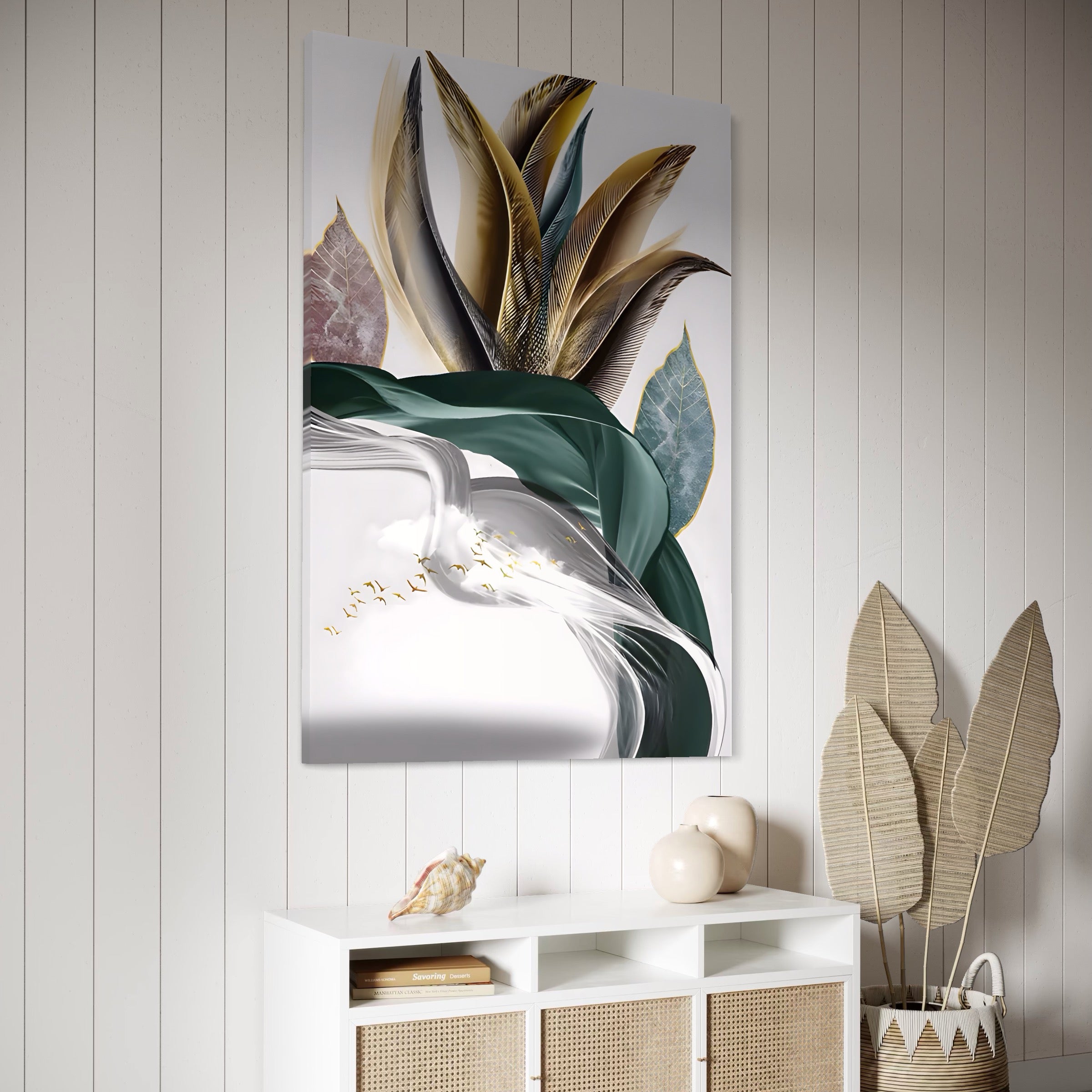 Tablou Canvas Premium LuxCanva® A1500, Green Leaf , Decorativ, Dormitor, Frunza, Pasari, Val, Living, Culori Vibrante