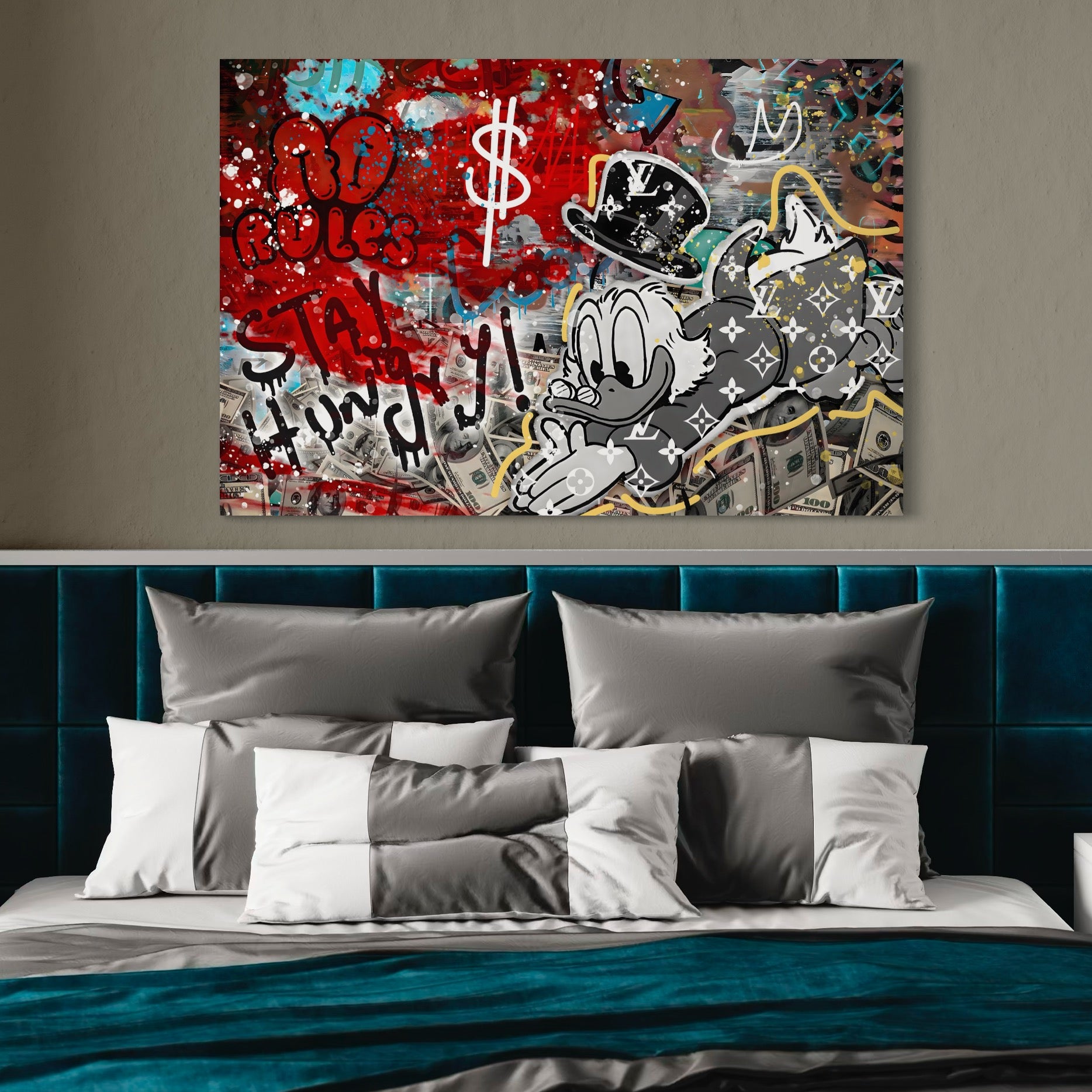 Tablou Canvas Premium, LuxCanva® A1195, Stay Scrooge McDuck, Birou, Motivational, Cash, Desene Animate, Living, Culori Vibrante