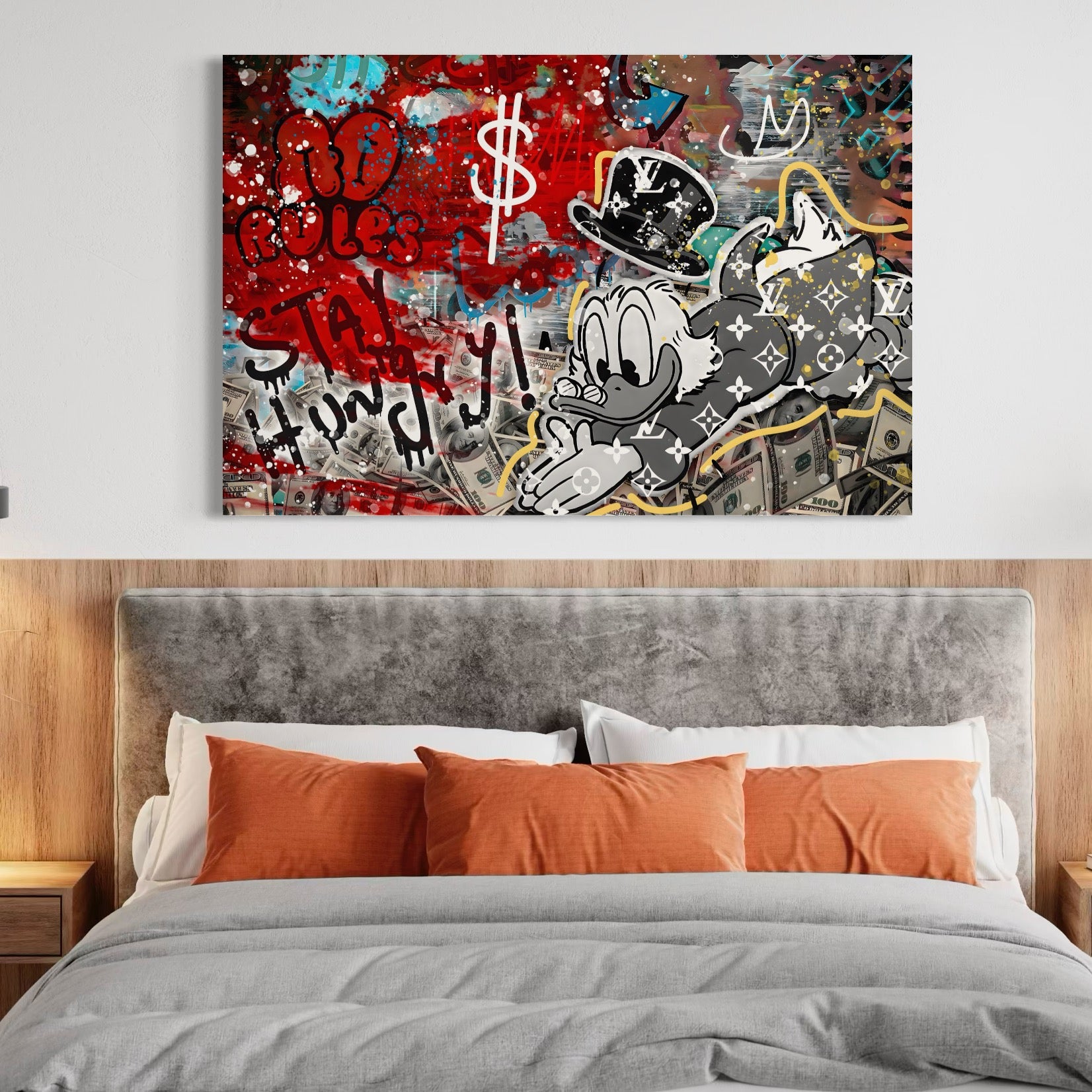Tablou Canvas Premium, LuxCanva® A1195, Stay Scrooge McDuck, Birou, Motivational, Cash, Desene Animate, Living, Culori Vibrante