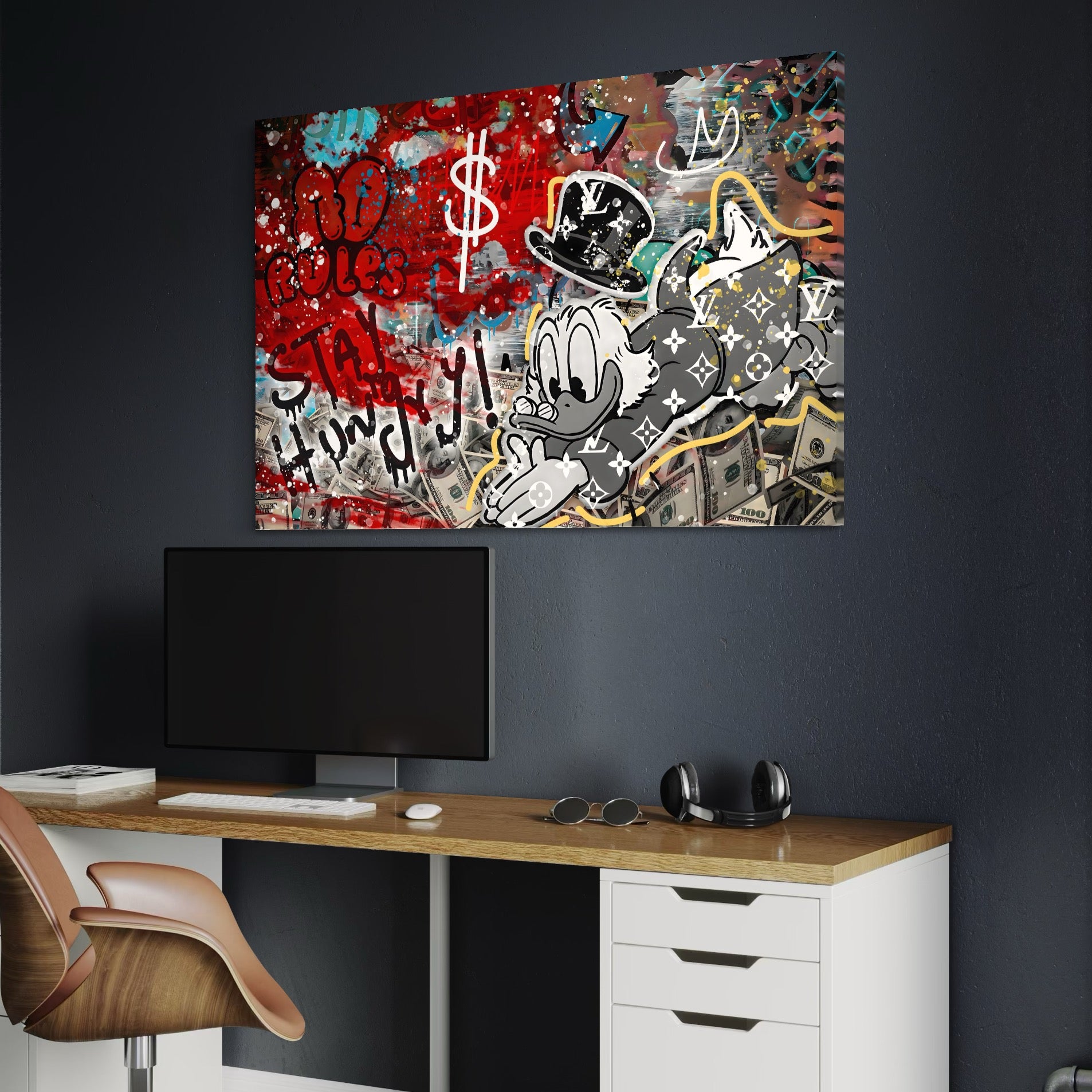 Tablou Canvas Premium, LuxCanva® A1195, Stay Scrooge McDuck, Birou, Motivational, Cash, Desene Animate, Living, Culori Vibrante