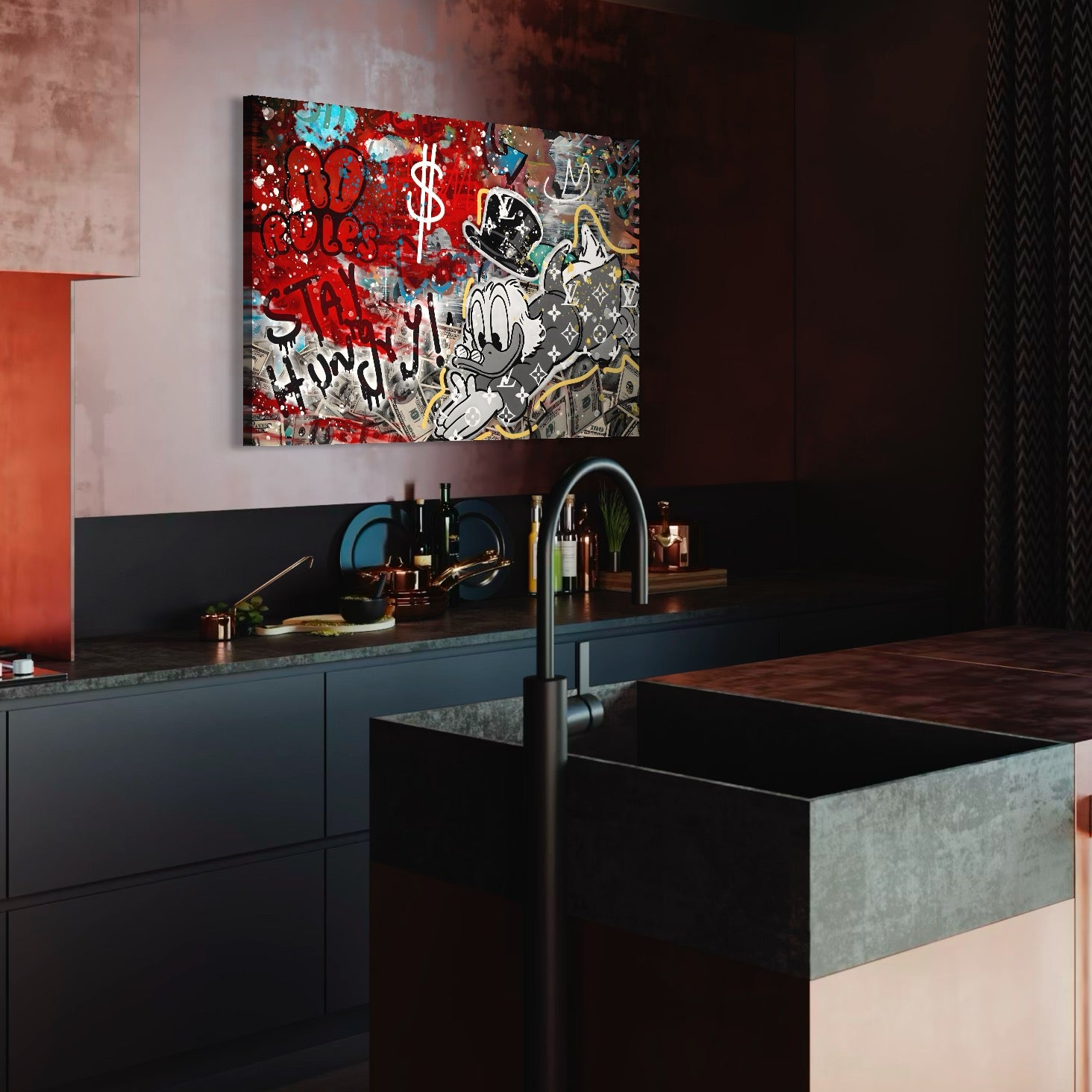 Tablou Canvas Premium, LuxCanva® A1195, Stay Scrooge McDuck, Birou, Motivational, Cash, Desene Animate, Living, Culori Vibrante