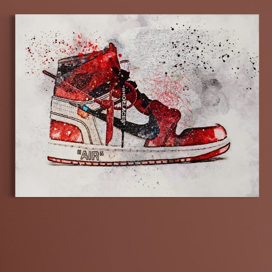 LuxCanva® Tablou Canvas Premium A1178 prezintă un print vibrant cu sneaker Nike Air roșu, alb și negru, detalii AIR pe talpă și stropi de vopsea, perfect pentru iubitorii de tablouri canvas pe pânză bumbac.