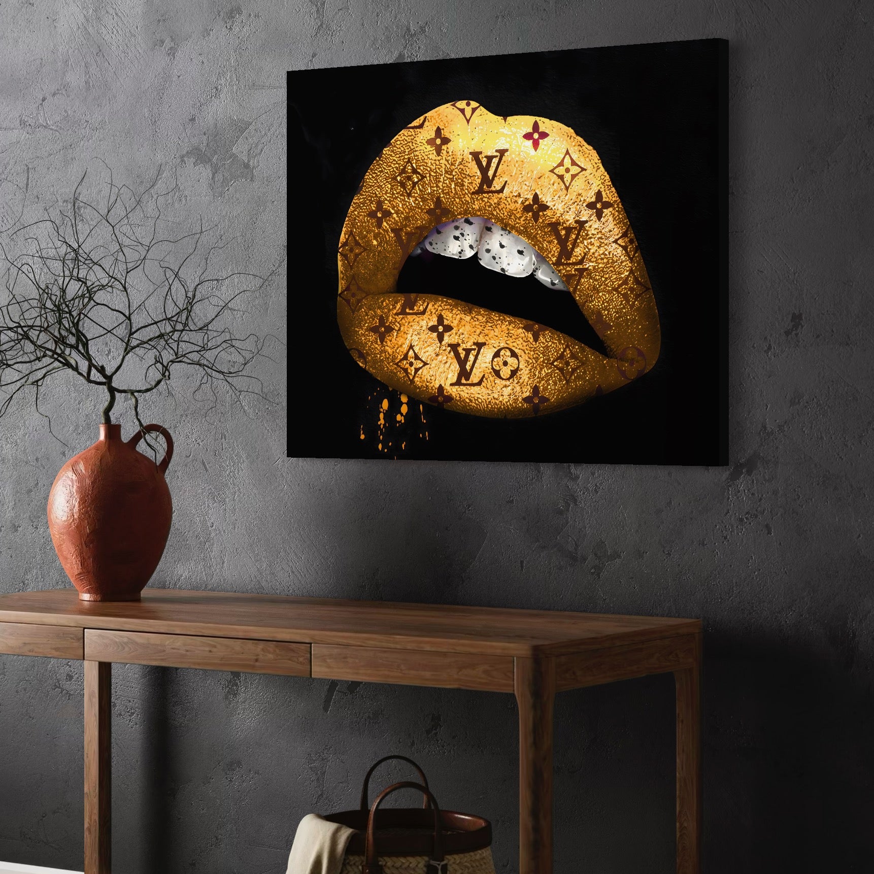Tablou Canvas Premium, LuxCanva® A1216, Lips Vuitton, Decorativ, Dressing, Luxury Brands, Buze, Gold, Louis Vuitton, Living, Culori Vibrante