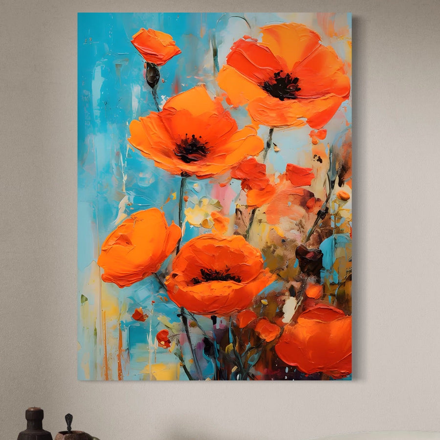 Pânza LuxCanva® Tablou Premium LuxCanva® A1501 prezintă maci portocalii vibrante cu centre întunecate pe un fundal abstract galben-turcoaz, imprimat pe bumbac panza - artă decorativă ideală pentru spațiile de locuit.