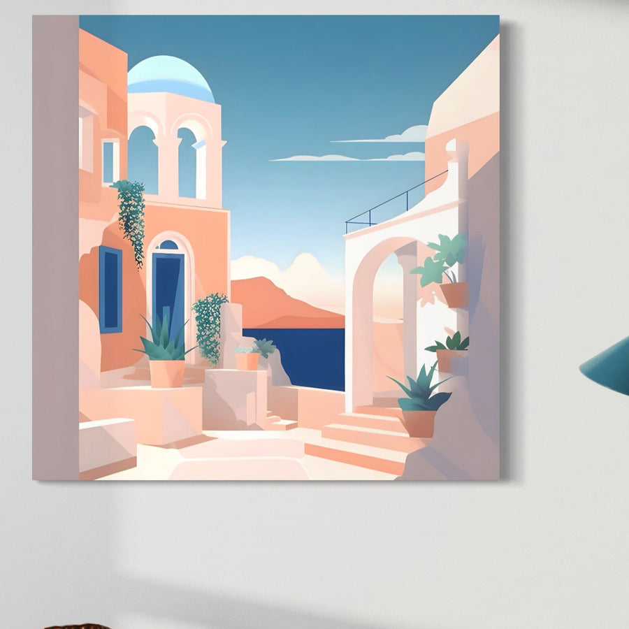 Pânza LuxCanva® Tablou Premium LuxCanva® A1504, care prezintă clădiri antice vibrante la malul mării, adaugă eleganță oricărui perete alb - perfectă pentru dormitoare sau camere cu tematică urbană care caută un decor arhitectural colorat.