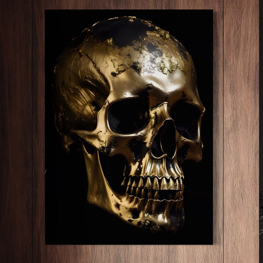 Tablou Canvas Premium LuxCanva® A1505, "Craniul Auriu", prezintă un craniu uman auriu strălucitor pe negru, încadrat în lemn închis. Această piesă decorativă, vibrantă, aduce o notă straniu în orice încăpere-imprimare de calitate pe pânză de bumbac de la LuxCanva®.