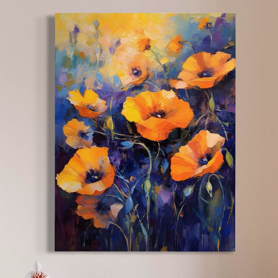 Tablou Canvas Premium LuxCanva® A1506 "Inflorire Portocalie," cu maci portocalii și culori vibrante, aduce un aer primăvăratic și cald oricărui spațiu. Print pe pânză de la LuxCanva®, perfect pentru decorarea pereților.