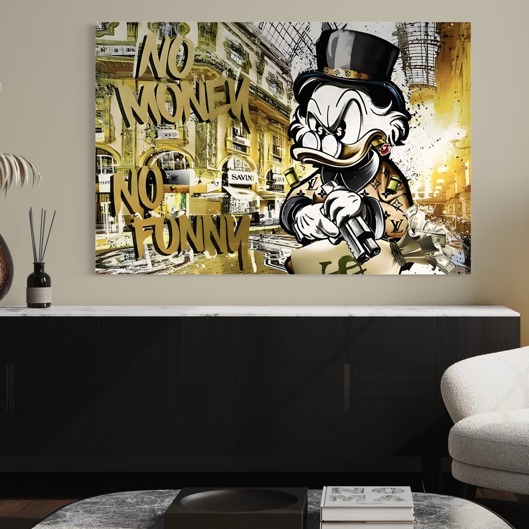 Tablou Canvas Premium, LuxCanva® A1316, No Money! No Funny! Living, Scooge Duck, Personaj, Desene, Rata, Animate, Birou, Culori Vibrante
