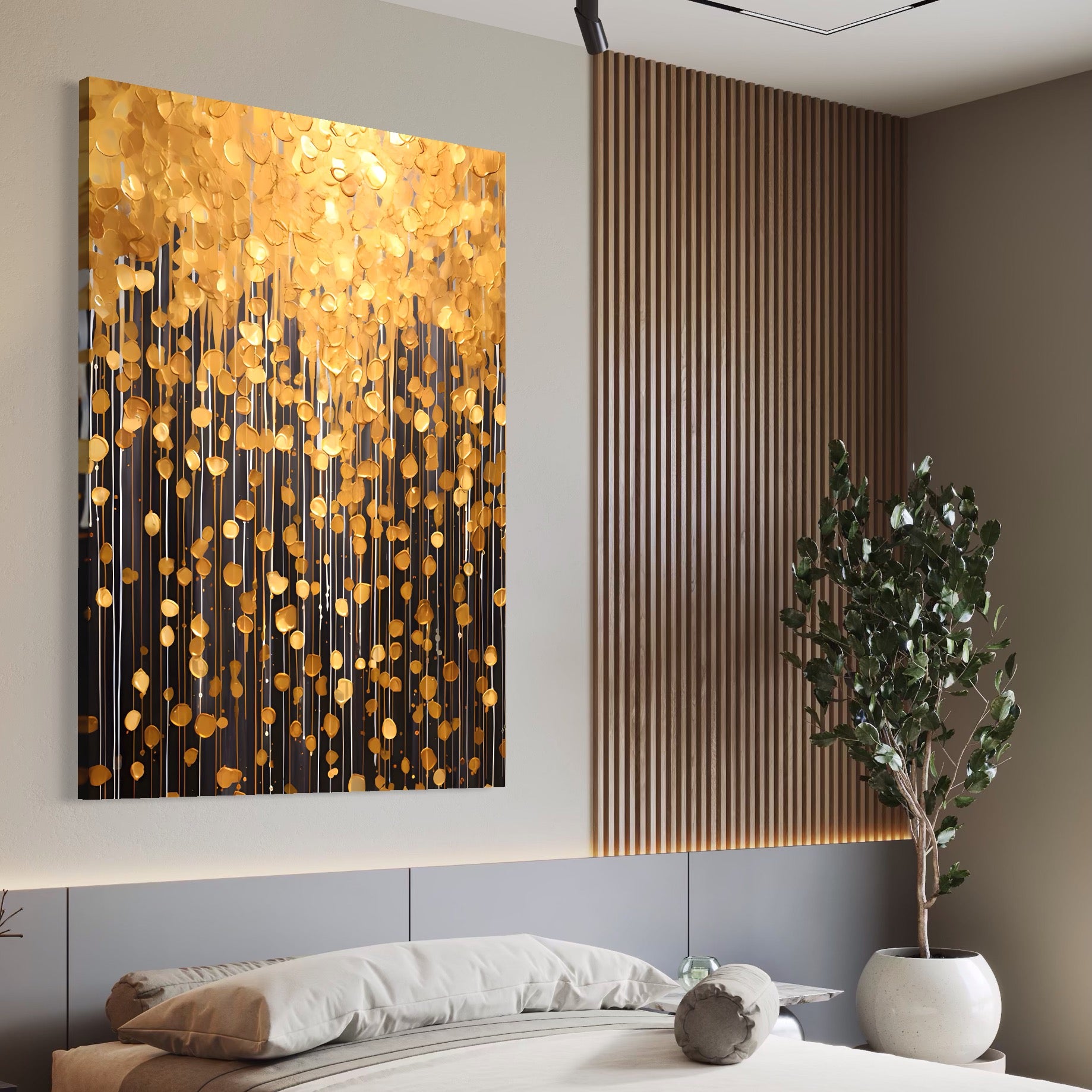 Tablou Canvas Premium LuxCanva® A1507, Ploaie De Lumini , Perdea Luminata, Auriu, Abstract, Decorativ, Room, Culori Vibrante