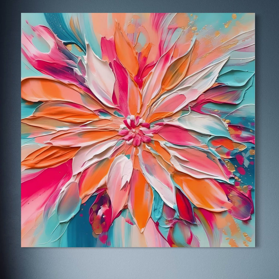 Tablou Canvas Premium A1508, Simfonie Roz de la LuxCanva® prezintă o floare abstractă multicoloră vibrantă cu petale texturate pe un fundal albastru turcoaz, imprimată pe pânză de bumbac de calitate pentru accente decorative de cameră.