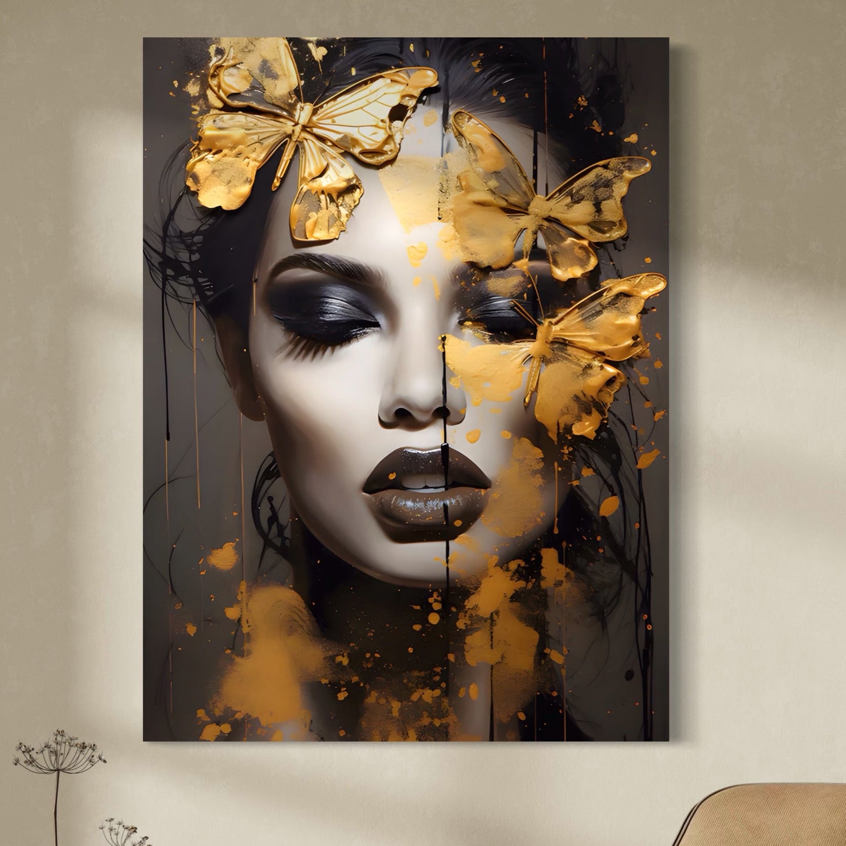 Tablou Canvas Premium LuxCanva® A1509, Butterfly And Girl , Fluturi, Frumusete, Insecte, Auriu, Decorativ, Room, Culori Vibrante