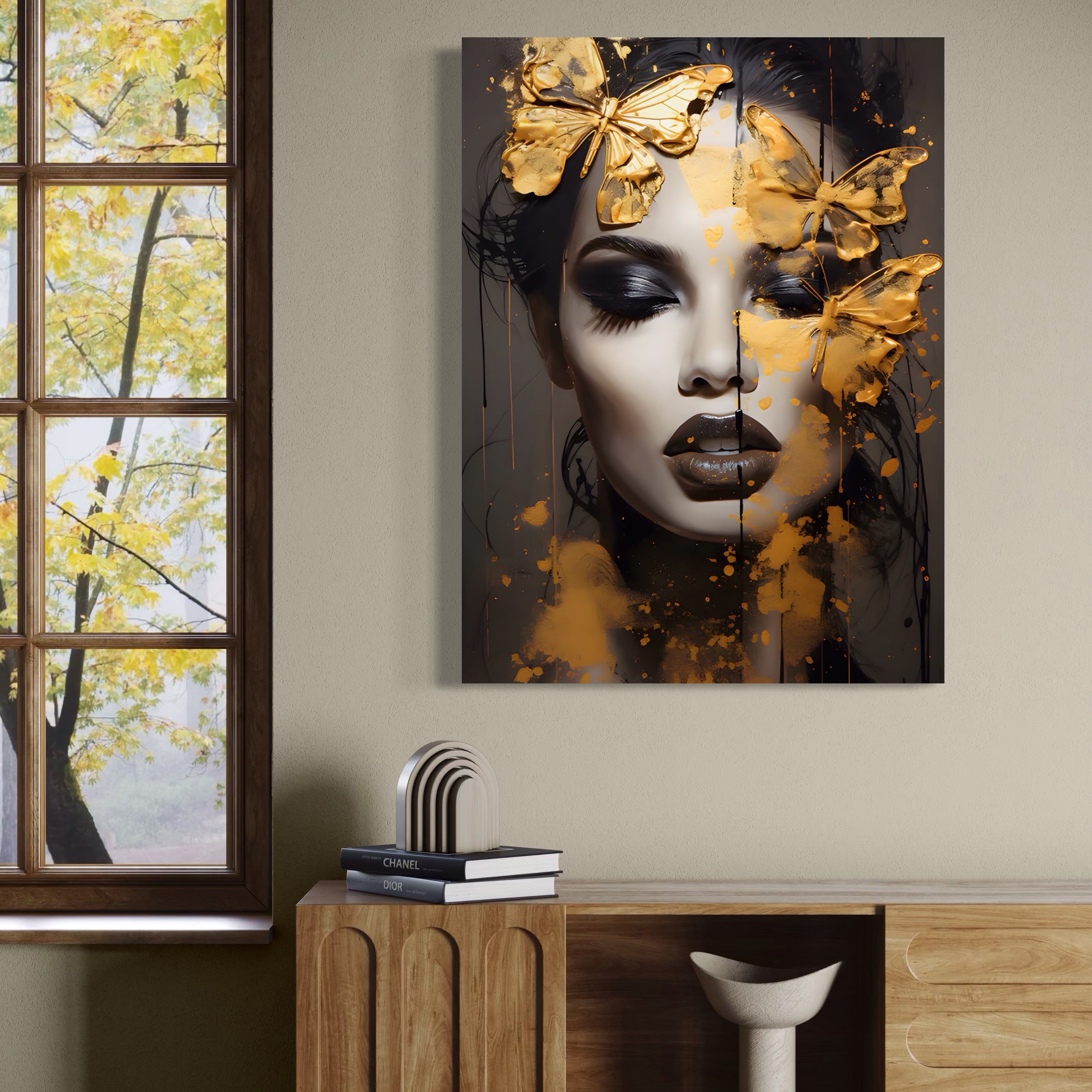 Tablou Canvas Premium LuxCanva® A1509, Butterfly And Girl , Fluturi, Frumusete, Insecte, Auriu, Decorativ, Room, Culori Vibrante