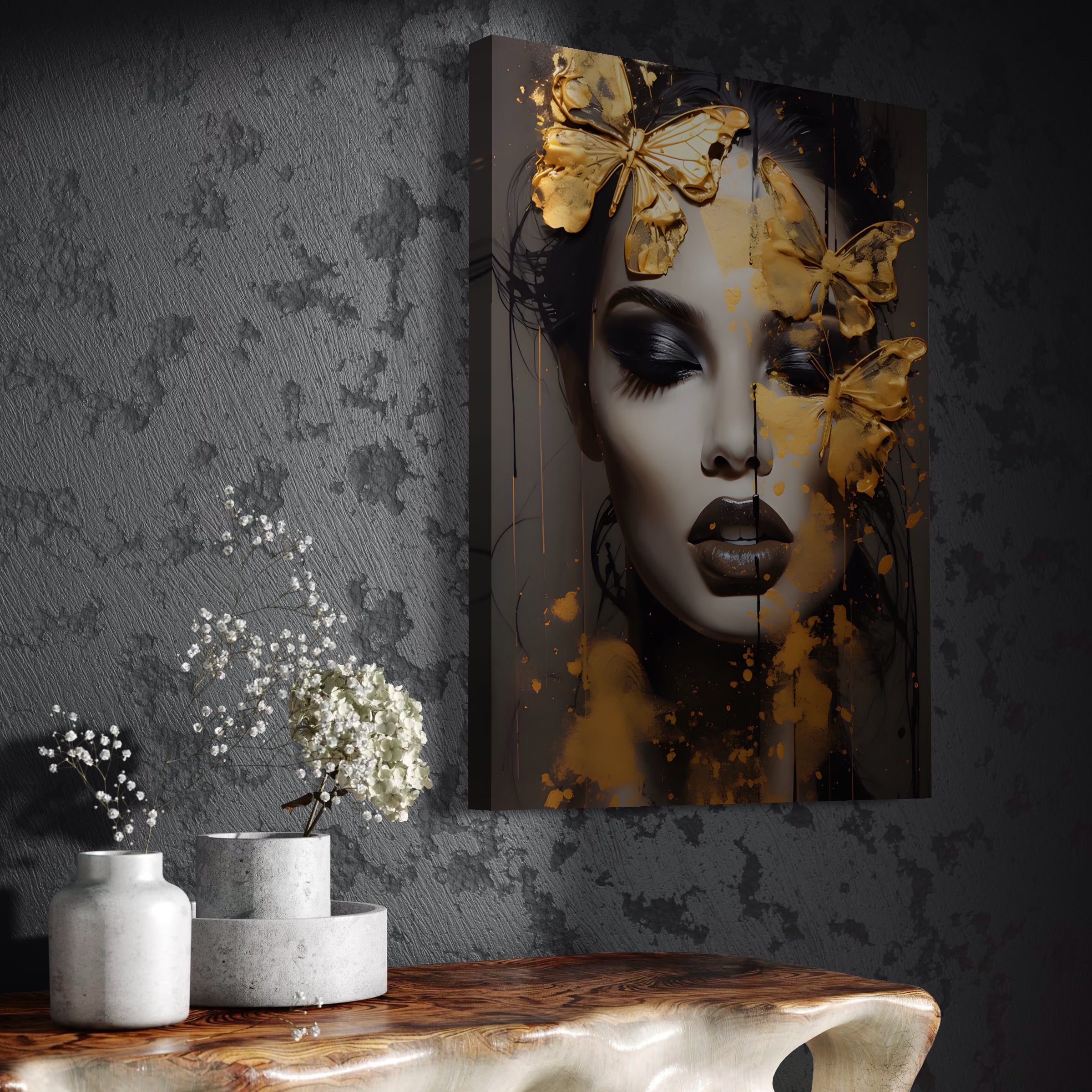 Tablou Canvas Premium LuxCanva® A1509, Butterfly And Girl , Fluturi, Frumusete, Insecte, Auriu, Decorativ, Room, Culori Vibrante