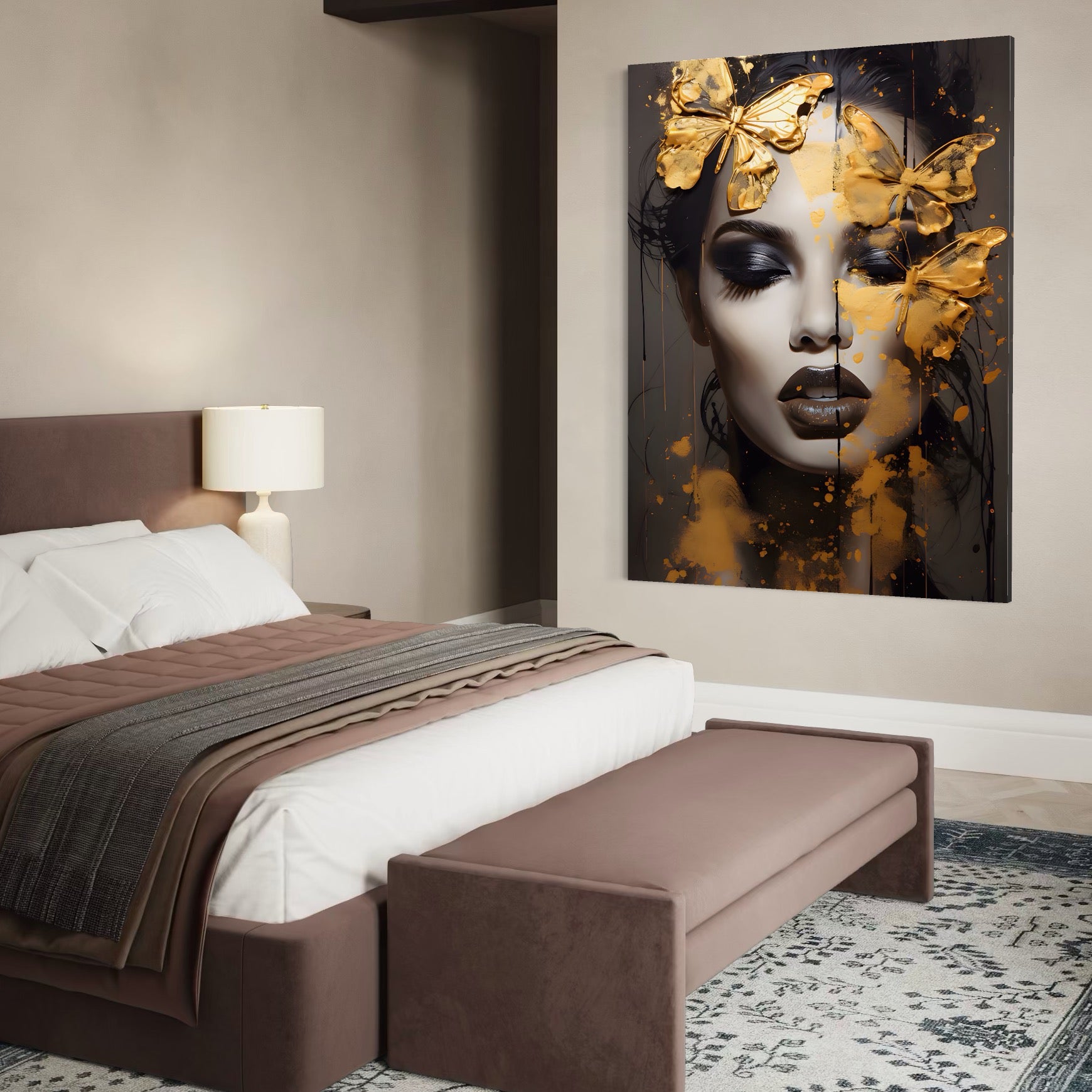 Tablou Canvas Premium LuxCanva® A1509, Butterfly And Girl , Fluturi, Frumusete, Insecte, Auriu, Decorativ, Room, Culori Vibrante