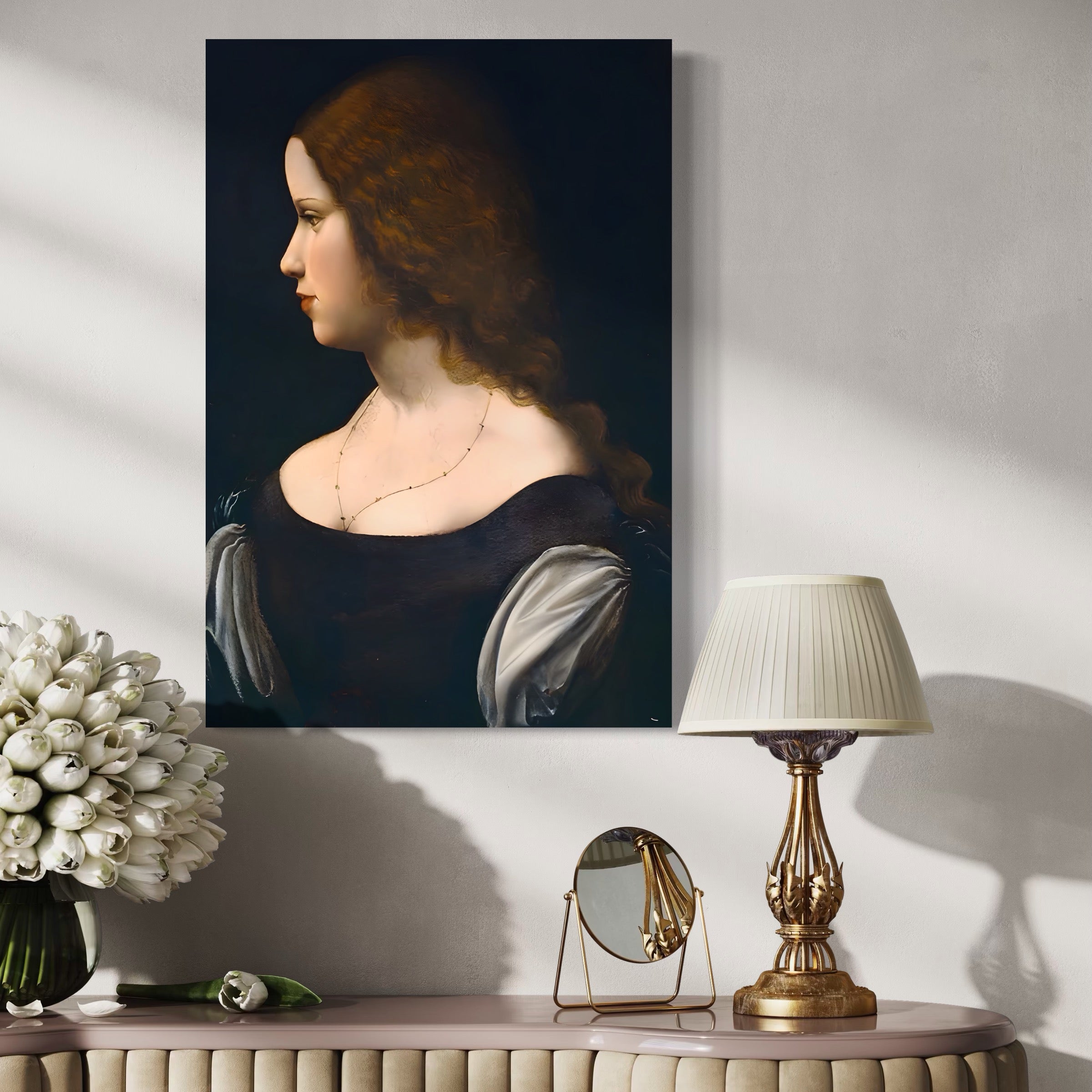 Tablou Canvas Premium LuxCanva® A1512, Portretul Unei Tinere Doamne , Galerie De Arta, Leonardo Da Vinci, Femeie, Pictura, Living, Culori Vibrante