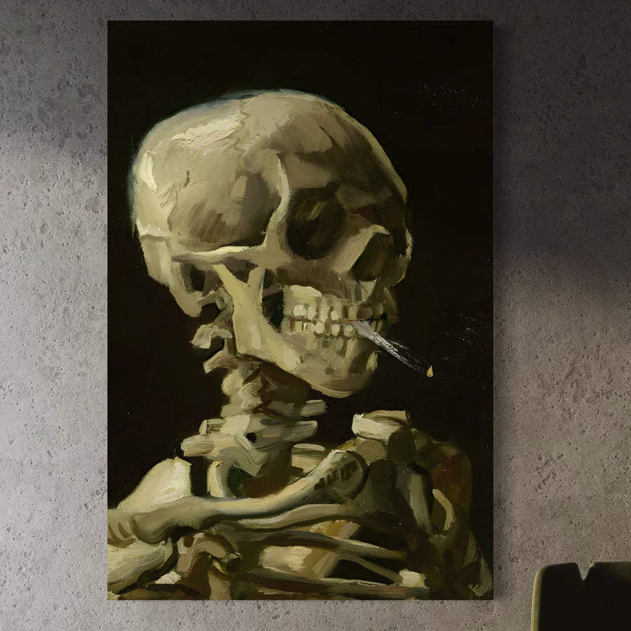 Tablou Canvas Premium LuxCanva® A1513 prezintă o pictură vibrantă a unui schelet cu o țigară, imprimată pe panza bumbac pentru o pânză uimitoare, de înaltă calitate - ideală pentru a adăuga un stil îndrăzneț camerei dvs. de zi.
