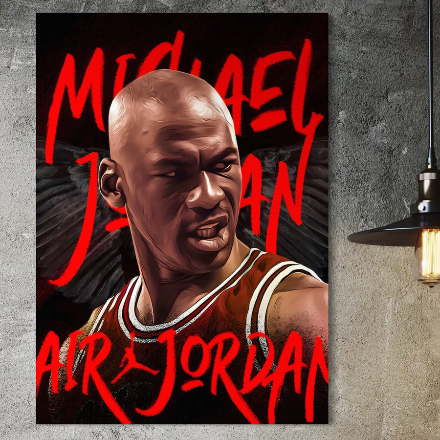 Tabloul LuxCanva® Tablou Canvas Premium A1404 prezintă o ilustrație vibrantă a lui Michael Jordan, legenda NBA, în culori îndrăznețe pe pânză de bumbac 100% - ideală pentru a adăuga un aer sportiv oricărei camere sau club cu tema sa dinamică Air Jordan.