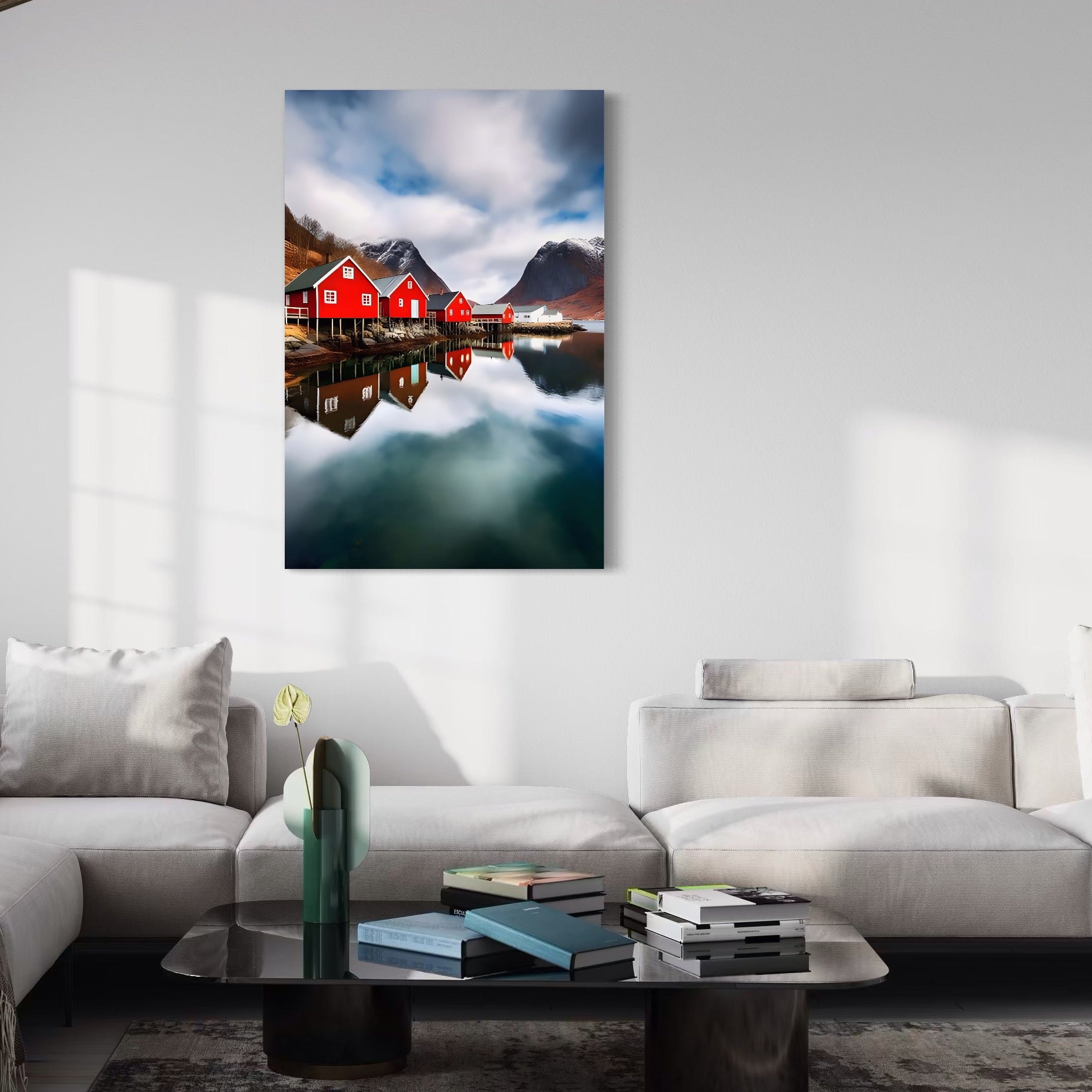 Tablou Canvas Premium LuxCanva® A1515, Red Houses , Room, Reflexie, Apa, Munte, Vacanta, Living, Culori Vibrante