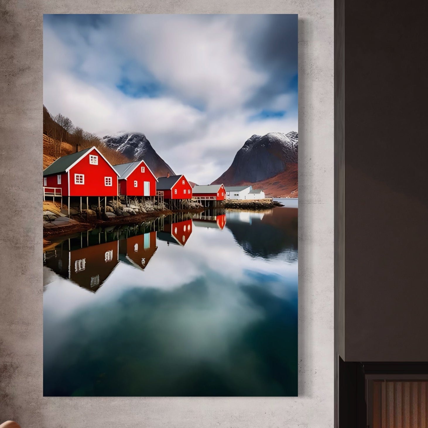 Tablou Canvas Premium LuxCanva® A1515, Red Houses , Room, Reflexie, Apa, Munte, Vacanta, Living, Culori Vibrante