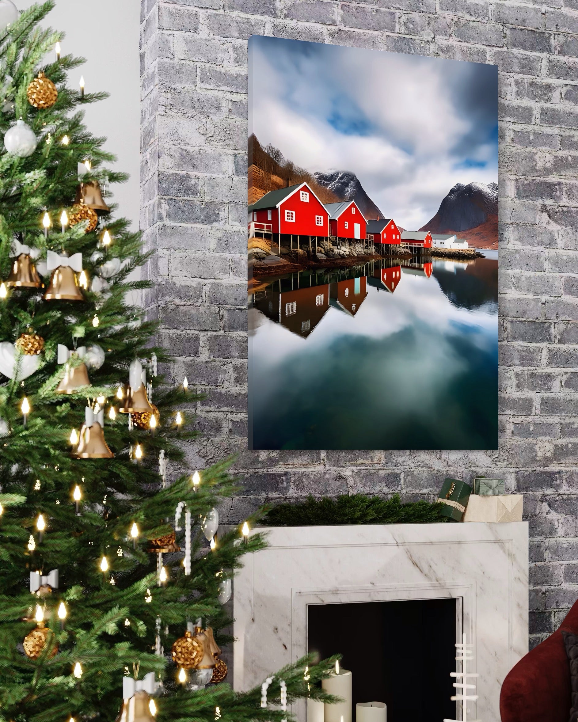 Tablou Canvas Premium LuxCanva® A1515, Red Houses , Room, Reflexie, Apa, Munte, Vacanta, Living, Culori Vibrante