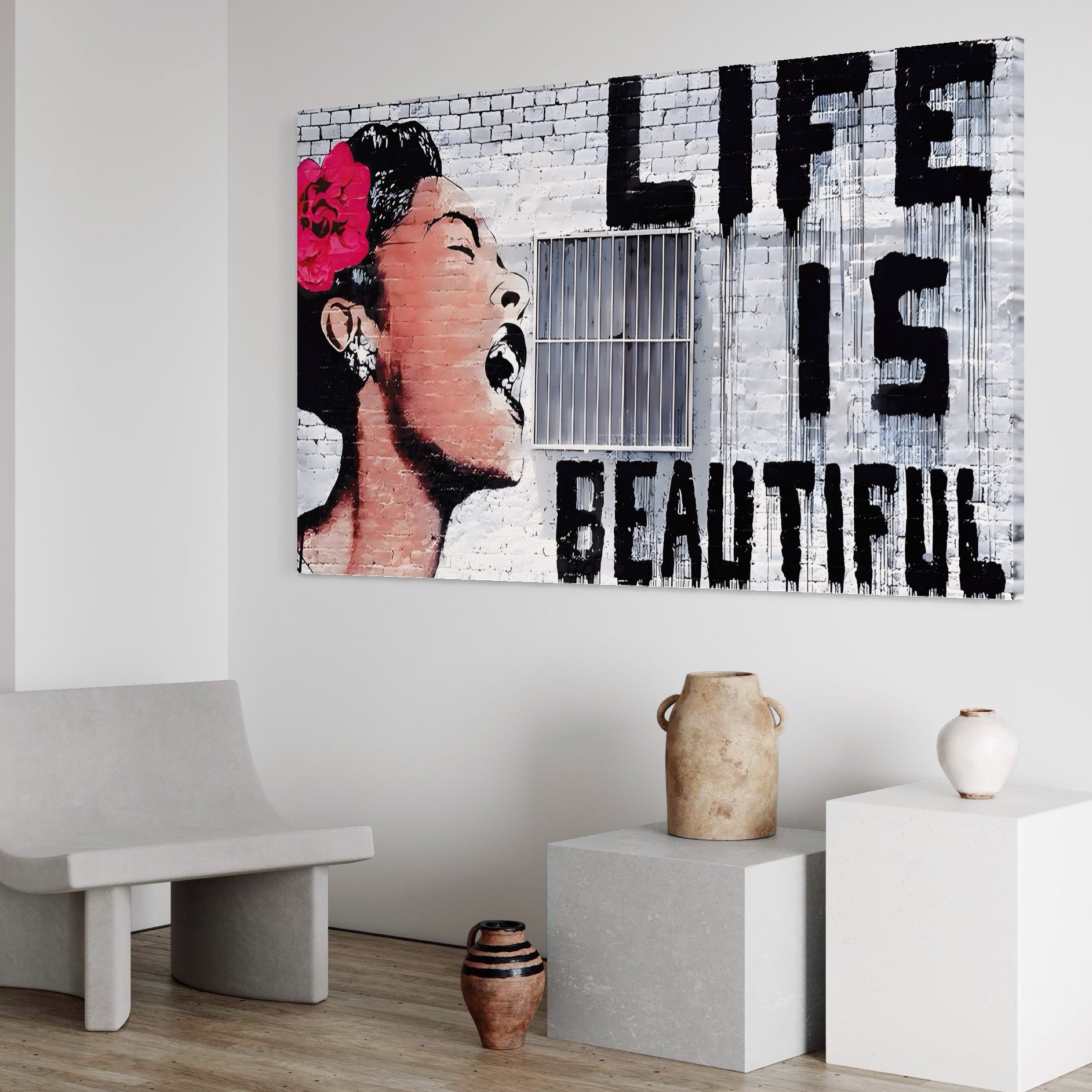 Tablou Canvas Premium LuxCanva® A1517, Viata Este Frumoasa , Femeie, Strigat, Graffiti, Decorativ, Living, Culori Vibrante