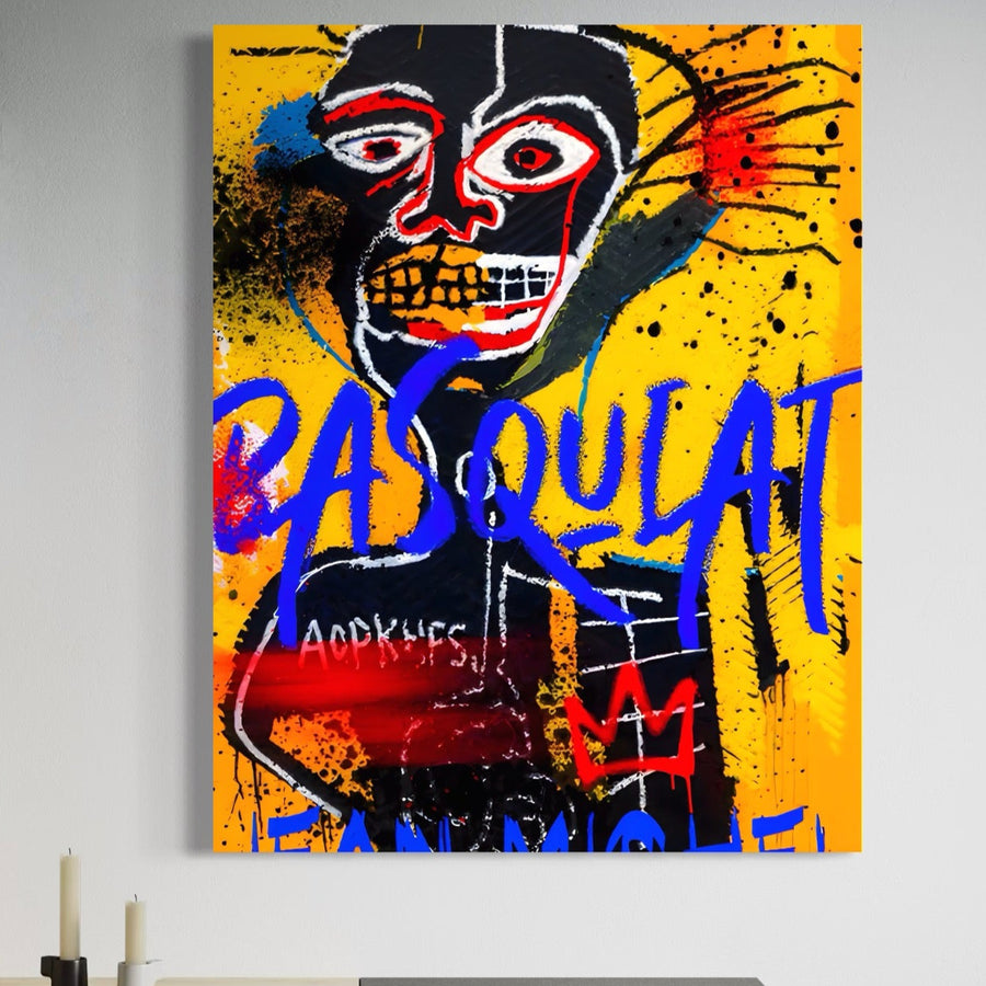 Luminează-ți sufrageria cu Tablou Canvas Premium LuxCanva® A1518, inspirat de Basquiat. Această operă de artă vibrantă prezintă o figură scheletică, linii îndrăznețe roșii, negre și albe pe galben, text graffiti albastru și o coroană roșie uimitoare.