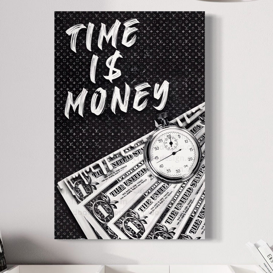 LuxCanva® Tablou Canvas Premium LuxCanva® A1521 prezintă "Time Is Money" cu un cronometru și bancnote de un dolar pe un fundal vibrant - o imprimare motivațională pentru orice cameră sau dormitor, pe pânză de bumbac de calitate profesională.