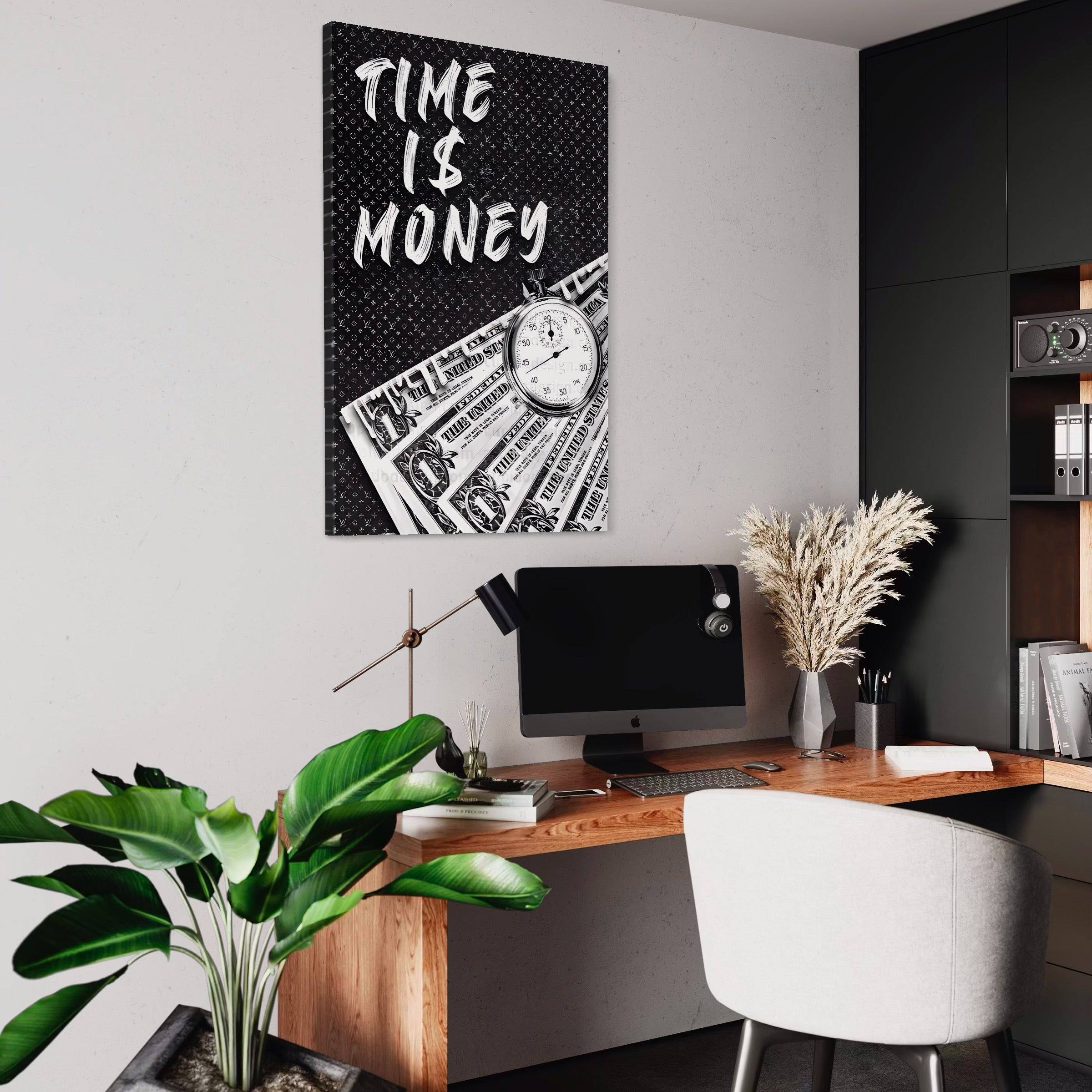 Tablou Canvas Premium LuxCanva® A1521, Time Is Money ,  Room, Ceas, Timp, Munca, Motivational, Dormitor, Culori Vibrante