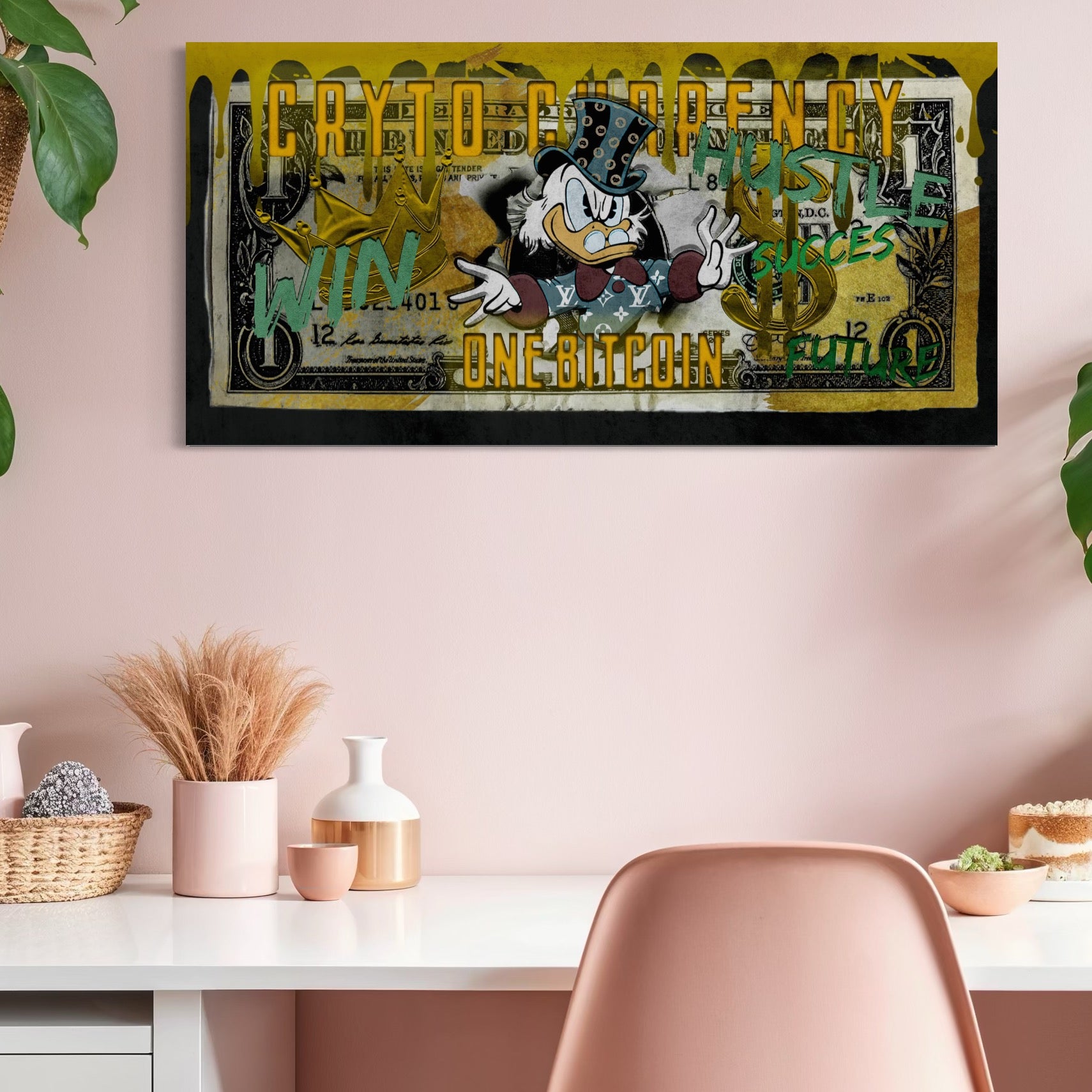 Tablou Canvas Premium, LuxCanva® B1025 Donald Duck Bitcoin, Donald Duck, Bani, Bitcoin, Crypto, Culori Vibrante