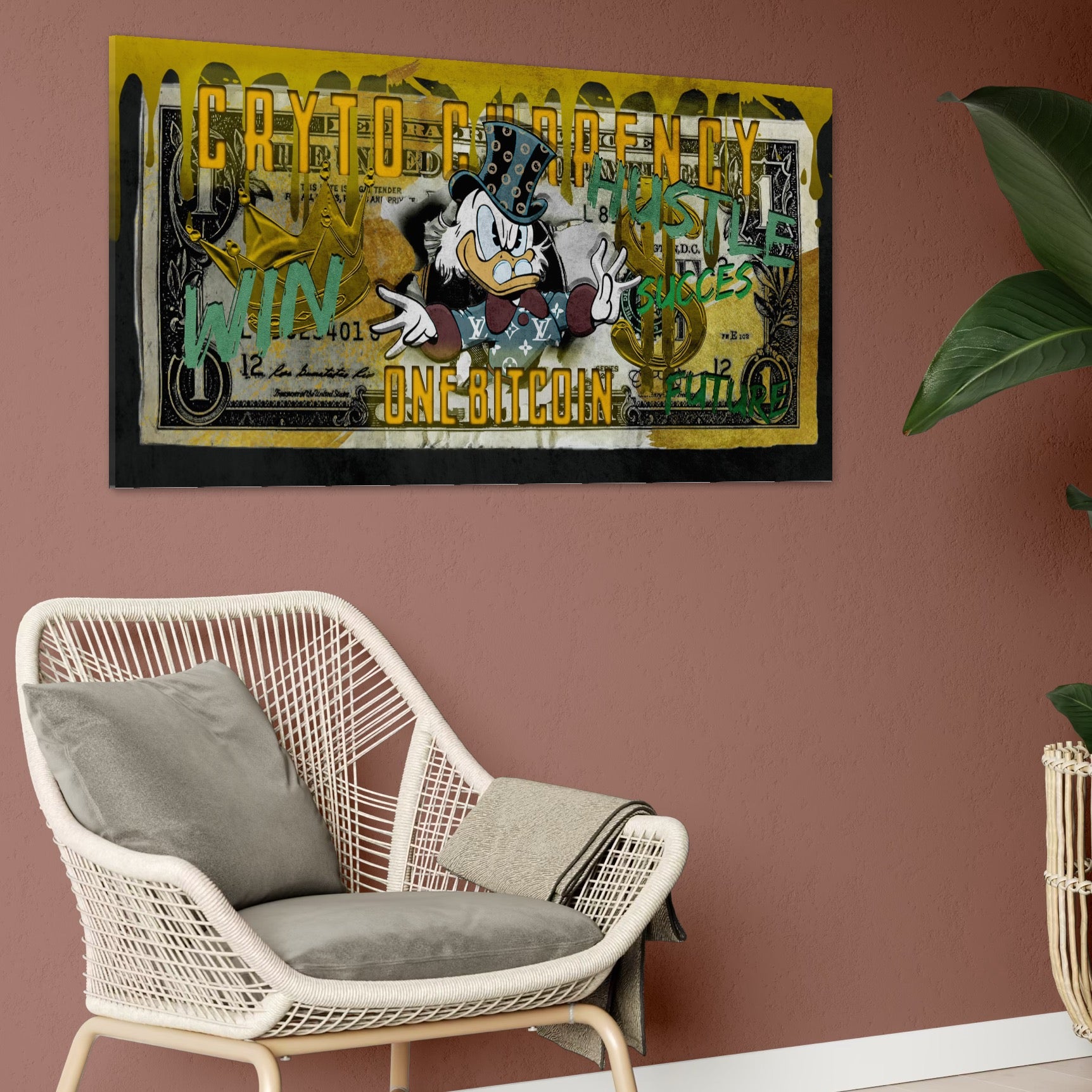 Tablou Canvas Premium, LuxCanva® B1025 Donald Duck Bitcoin, Donald Duck, Bani, Bitcoin, Crypto, Culori Vibrante