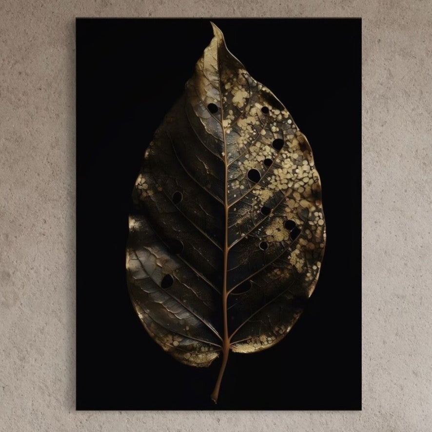 Tablou Canvas Premium, LuxCanva® A1530, Black Leaf , Living, Decorativ, Frunza, Natura, Auriu, Culori Vibrante