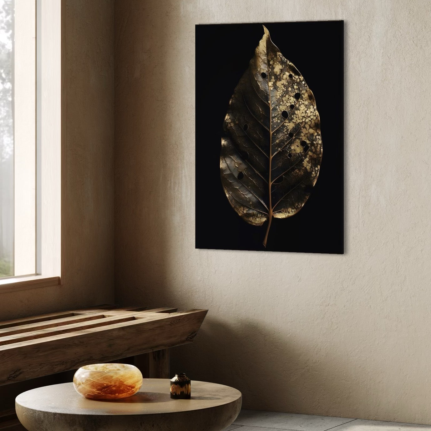 Tablou Canvas Premium, LuxCanva® A1530, Black Leaf , Living, Decorativ, Frunza, Natura, Auriu, Culori Vibrante