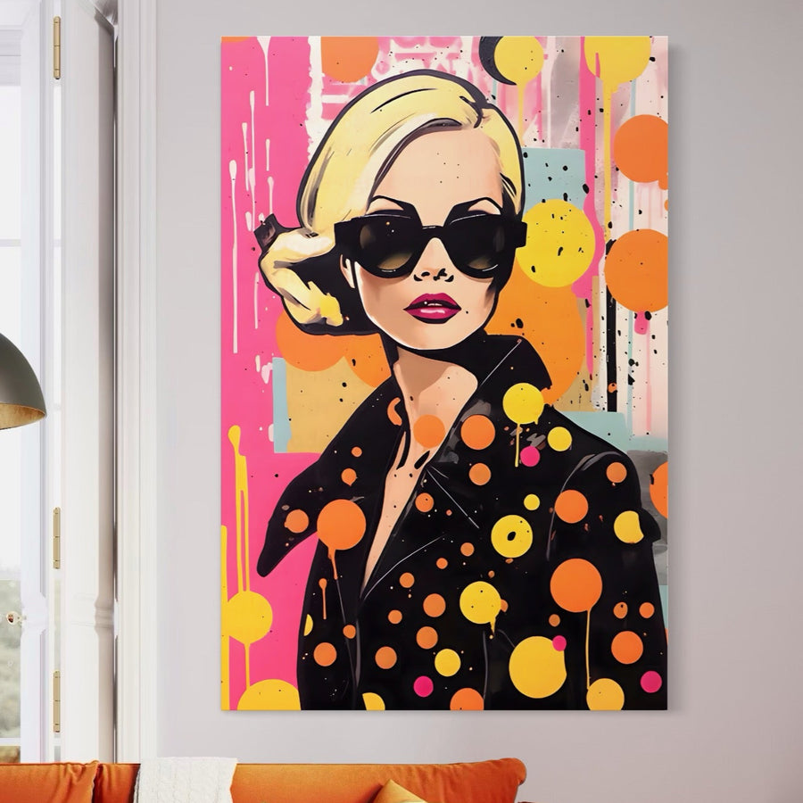 Tablou Canvas Premium LuxCanva® A1528, cu o femeie stilată în ochelari de soare și palton cu buline colorate, decorează pereți în nuanțe deschise cu accente vibrante. Marca: LuxCanva®.