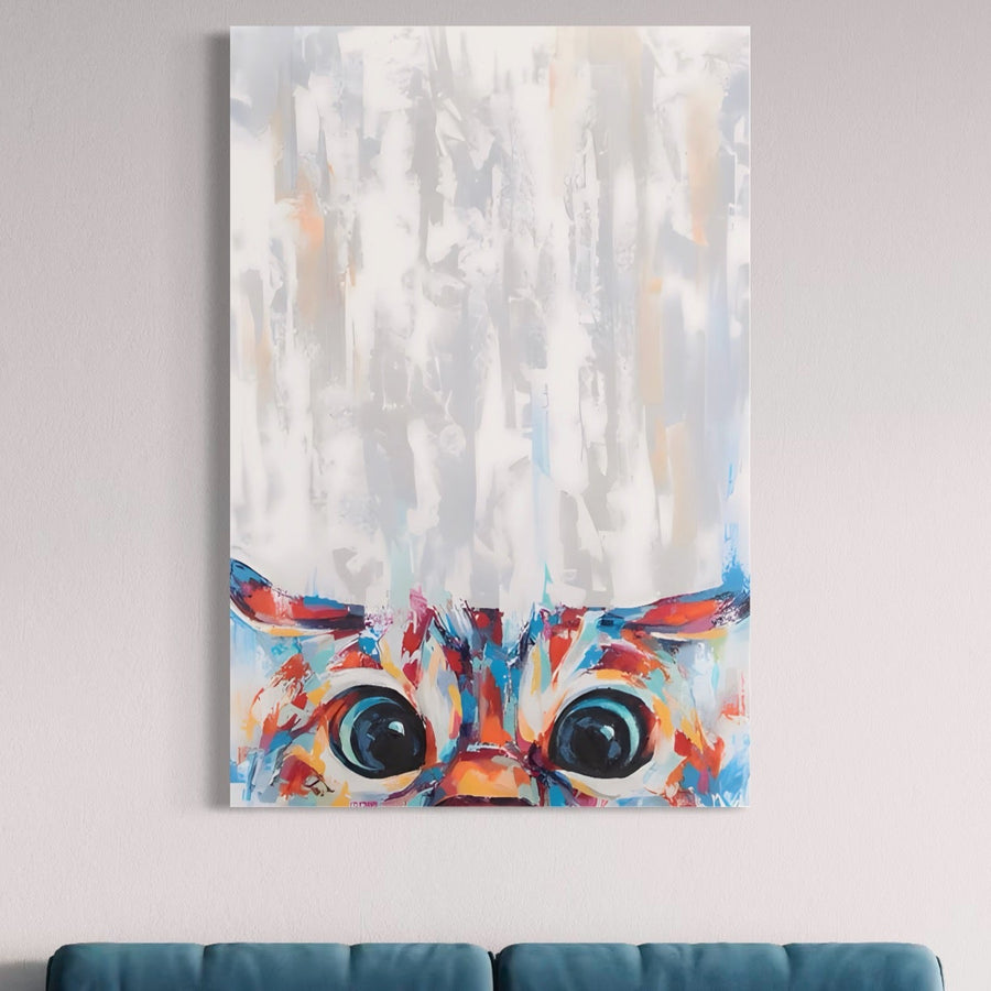 Tablou Canvas Premium A1529 de la LuxCanva®, cu ochi de pisică vibranți și tușe abstracte pe un fundal în mare parte alb, atârnă deasupra unei canapele albastre pe un perete deschis, adăugând culoare și farmec felin oricărei camere.